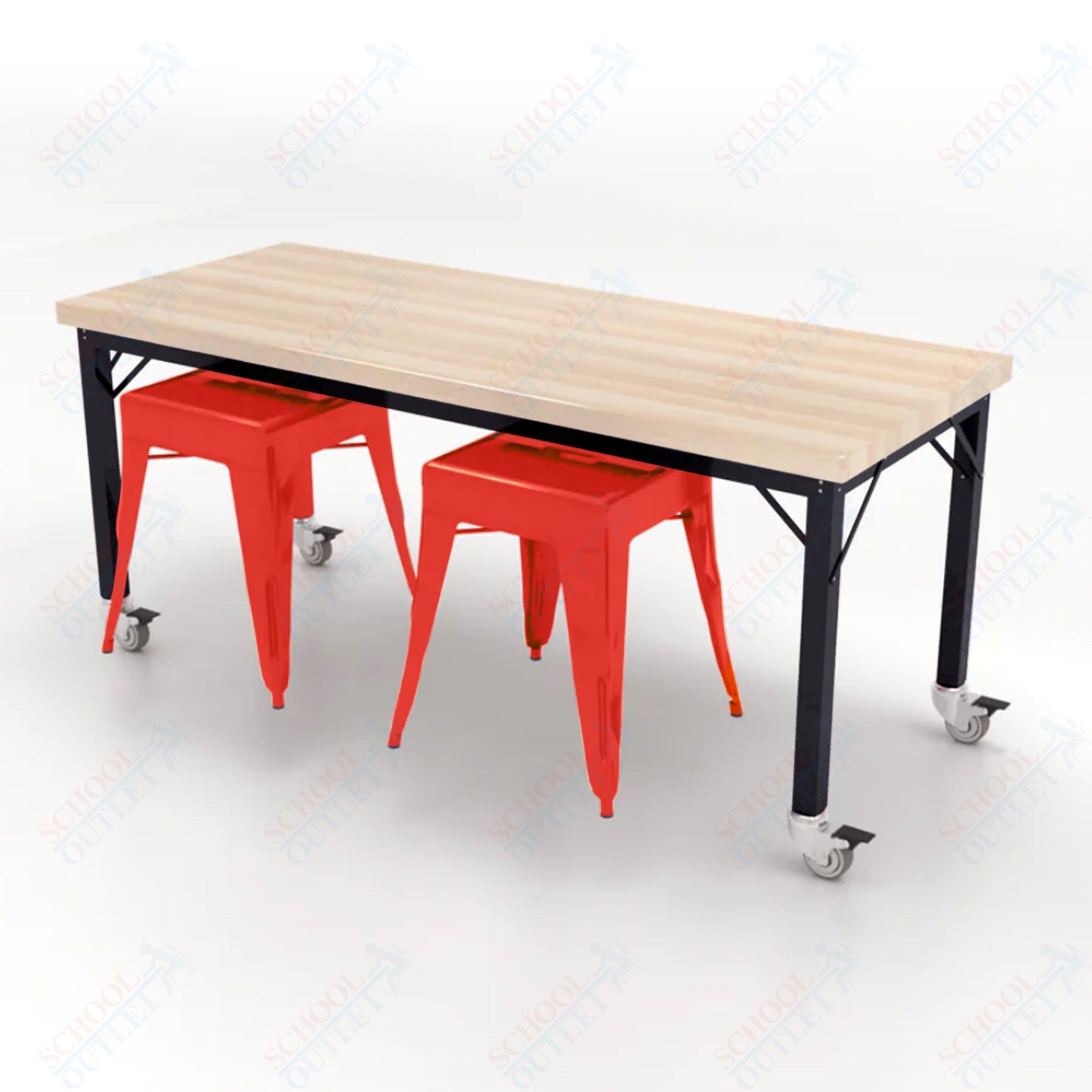 CEF Brainstorm Workbench 26"H with Butcher Block Top and Steel Frame, 2 Magnetic Metal Stools Included, for Kindergarten - 2nd Grade - SchoolOutlet