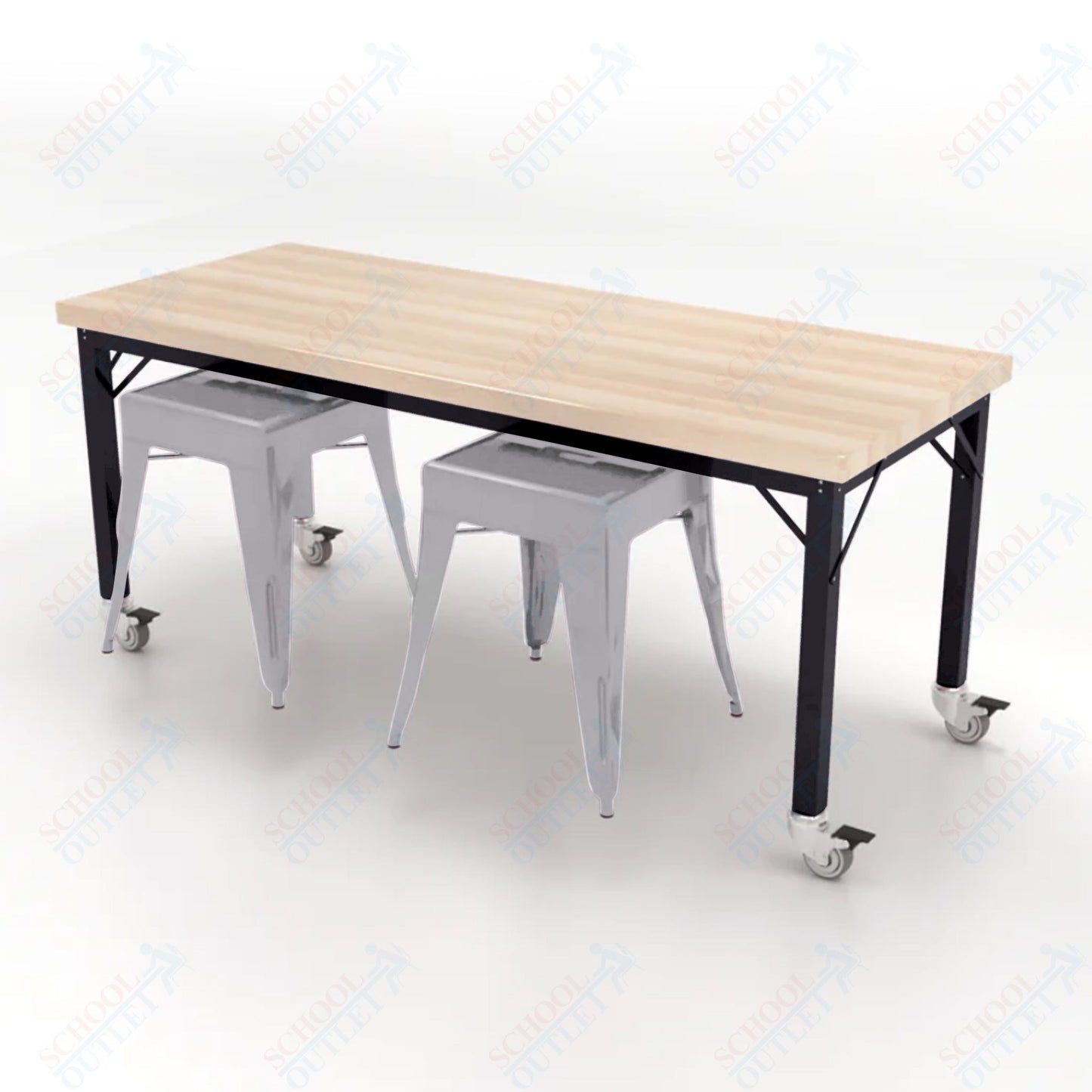 CEF Brainstorm Workbench 26"H with Butcher Block Top and Steel Frame, 2 Magnetic Metal Stools Included, for Kindergarten - 2nd Grade - SchoolOutlet