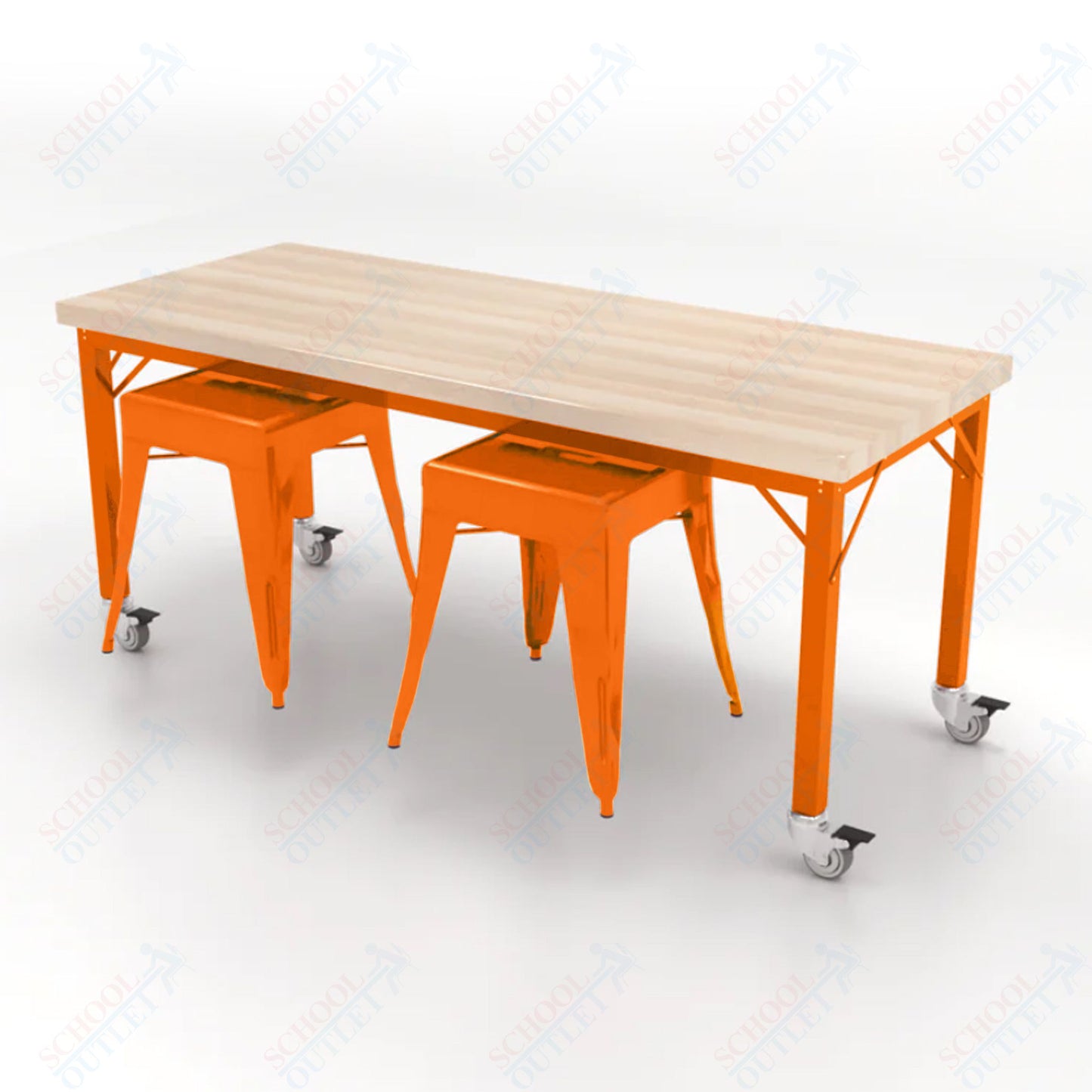 CEF Brainstorm Workbench 26"H with Butcher Block Top and Steel Frame, 2 Magnetic Metal Stools Included, for Kindergarten - 2nd Grade - SchoolOutlet