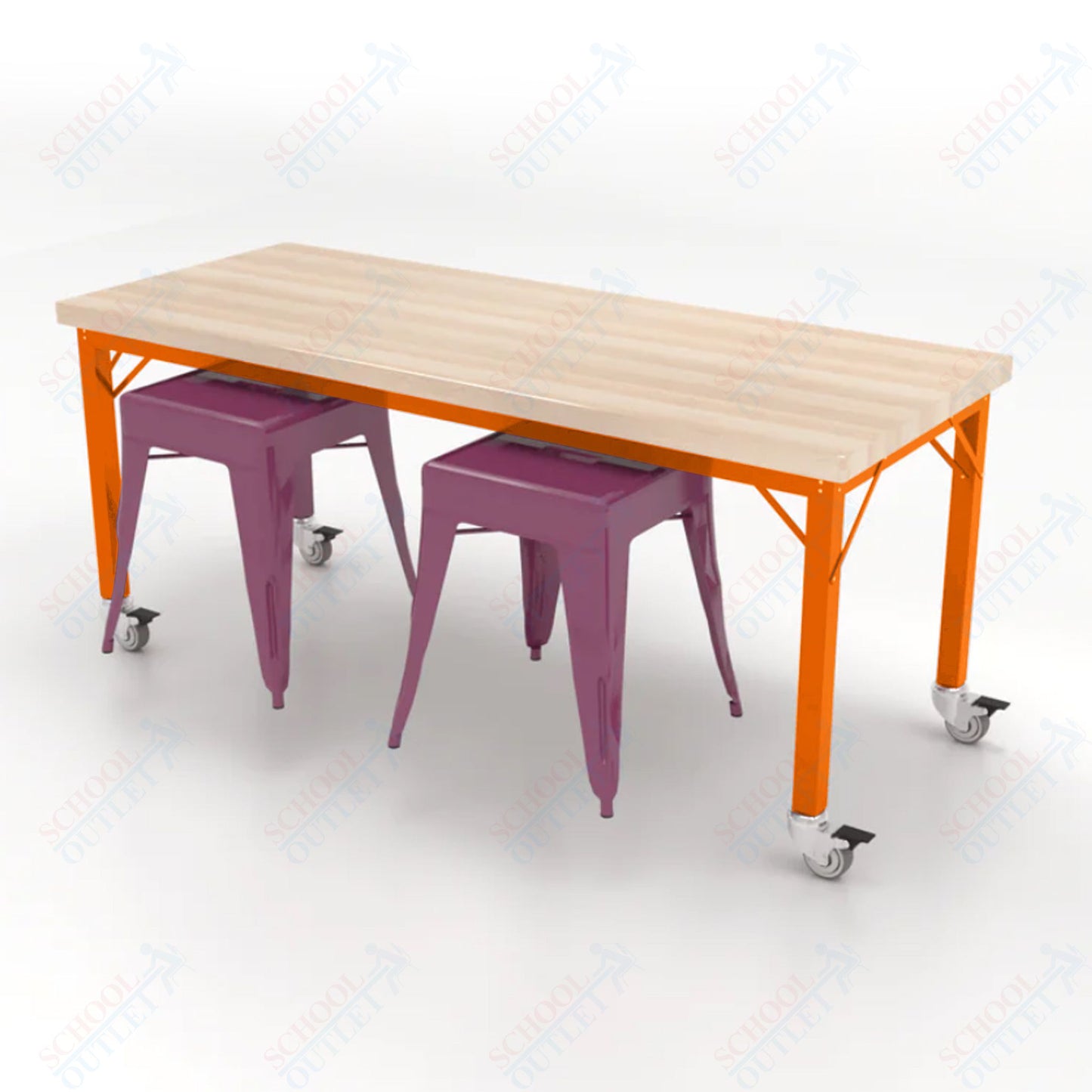 CEF Brainstorm Workbench 26"H with Butcher Block Top and Steel Frame, 2 Magnetic Metal Stools Included, for Kindergarten - 2nd Grade - SchoolOutlet