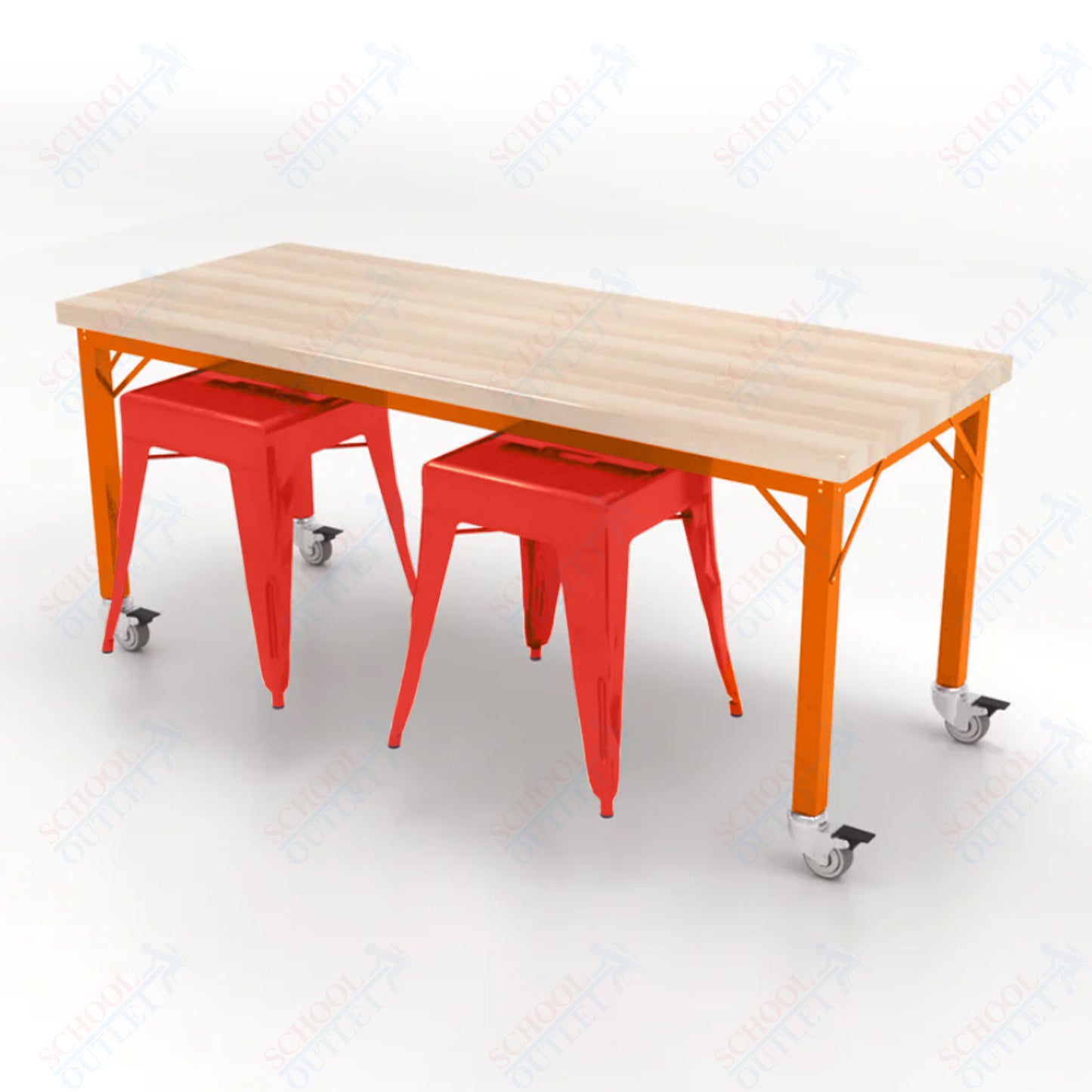 CEF Brainstorm Workbench 26"H with Butcher Block Top and Steel Frame, 2 Magnetic Metal Stools Included, for Kindergarten - 2nd Grade - SchoolOutlet