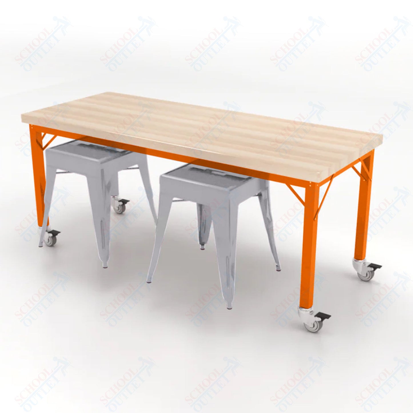 CEF Brainstorm Workbench 26"H with Butcher Block Top and Steel Frame, 2 Magnetic Metal Stools Included, for Kindergarten - 2nd Grade - SchoolOutlet