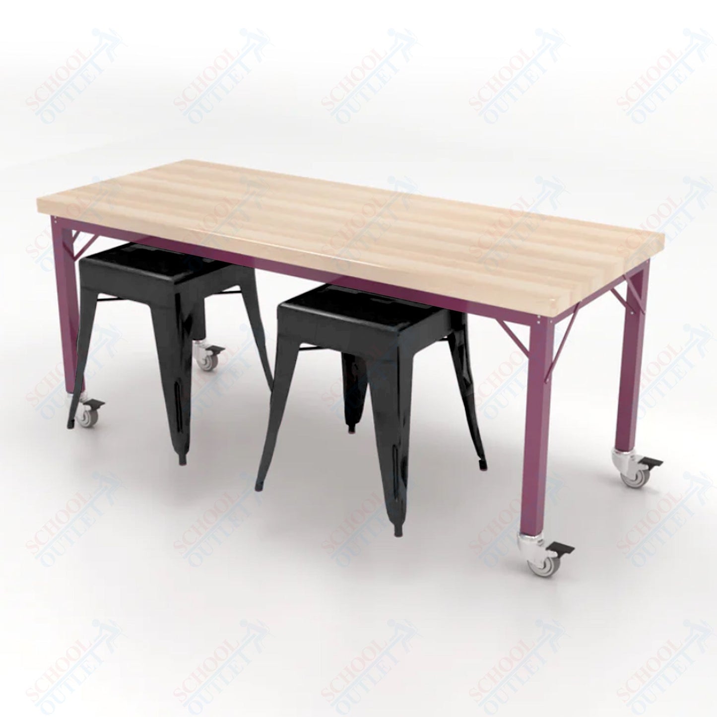 CEF Brainstorm Workbench 26"H with Butcher Block Top and Steel Frame, 2 Magnetic Metal Stools Included, for Kindergarten - 2nd Grade - SchoolOutlet