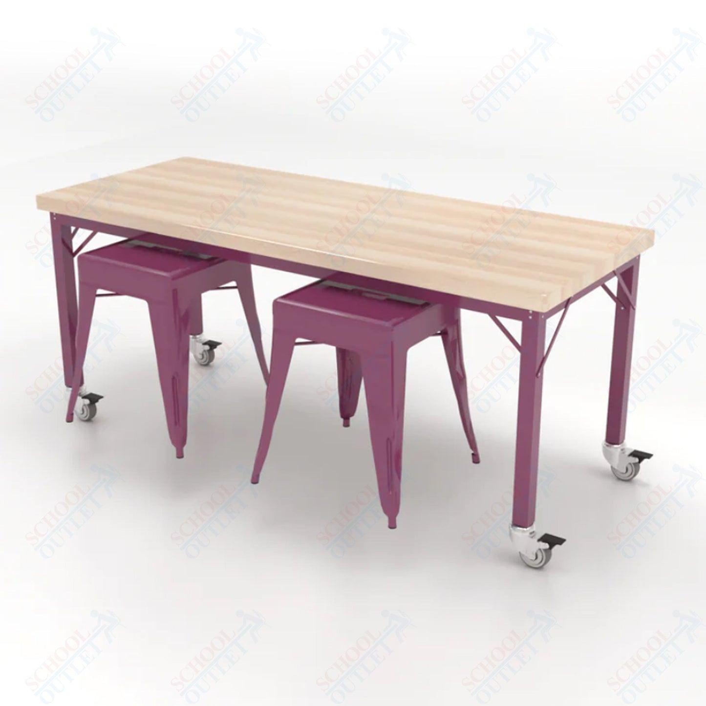 CEF Brainstorm Workbench 26"H with Butcher Block Top and Steel Frame, 2 Magnetic Metal Stools Included, for Kindergarten - 2nd Grade - SchoolOutlet