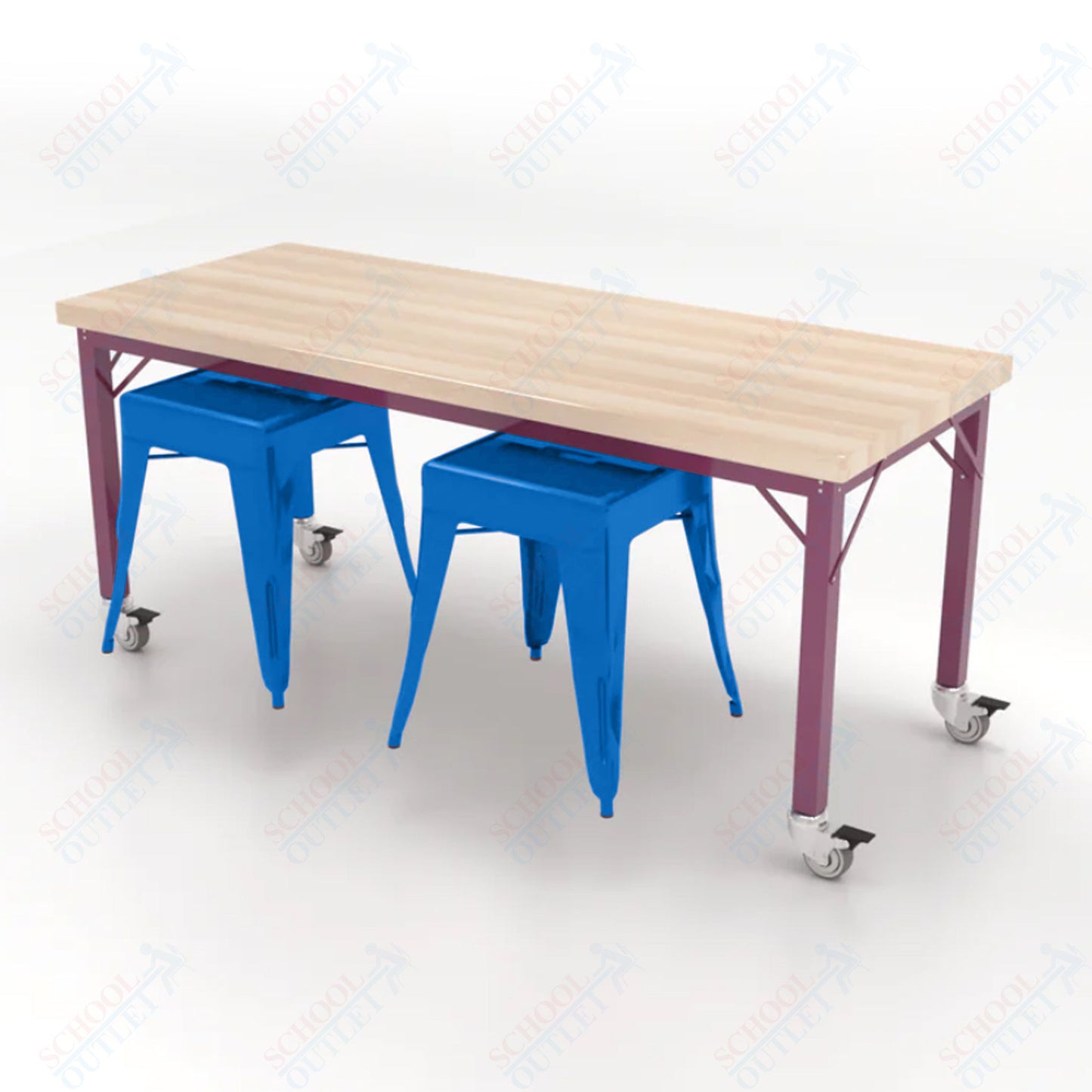 CEF Brainstorm Workbench 26"H with Butcher Block Top and Steel Frame, 2 Magnetic Metal Stools Included, for Kindergarten - 2nd Grade - SchoolOutlet