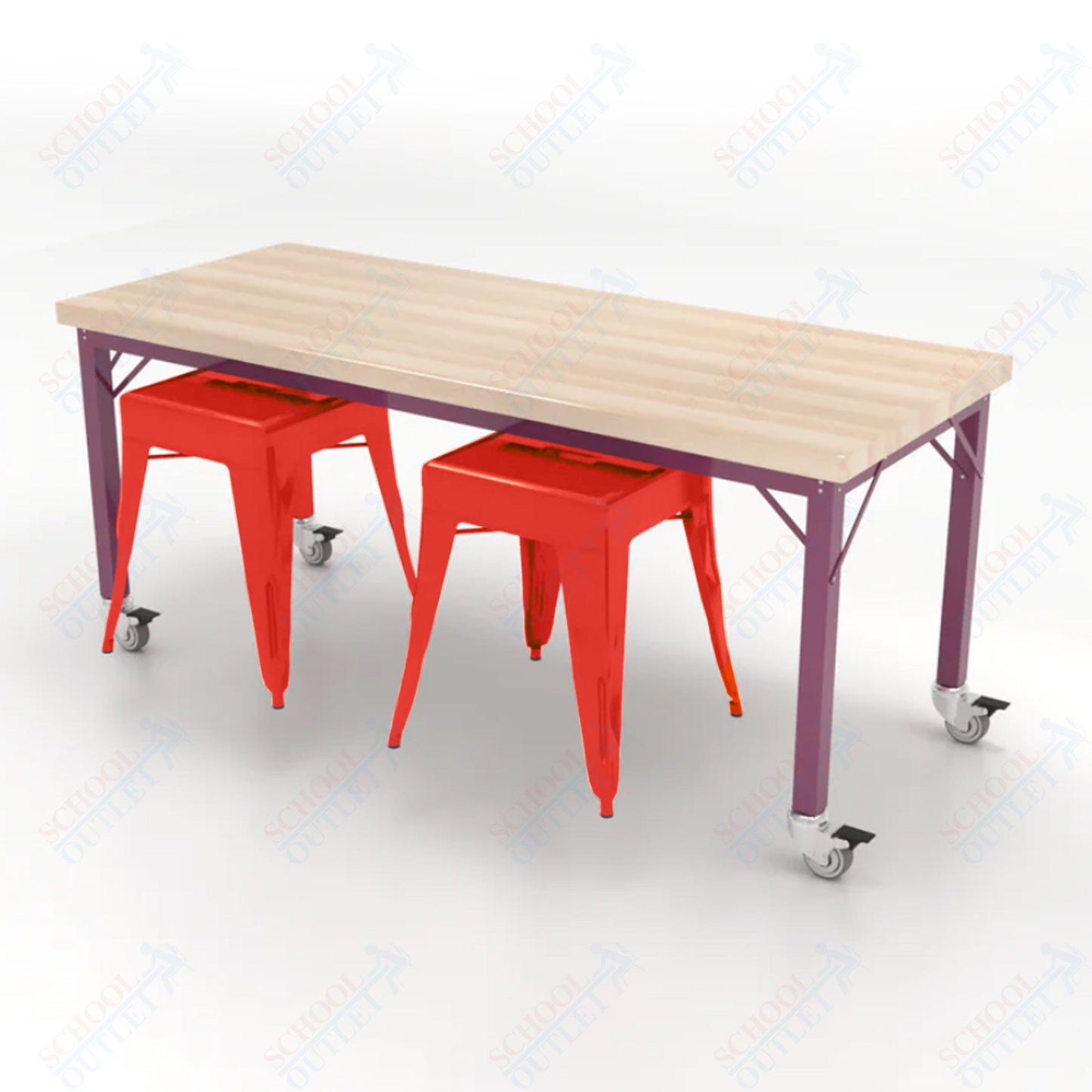CEF Brainstorm Workbench 26"H with Butcher Block Top and Steel Frame, 2 Magnetic Metal Stools Included, for Kindergarten - 2nd Grade - SchoolOutlet