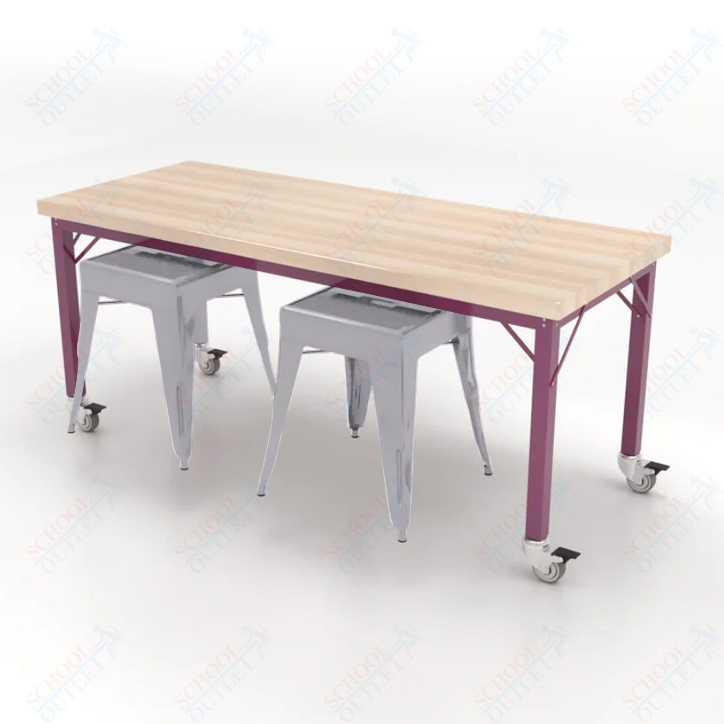 CEF Brainstorm Workbench 26"H with Butcher Block Top and Steel Frame, 2 Magnetic Metal Stools Included, for Kindergarten - 2nd Grade - SchoolOutlet