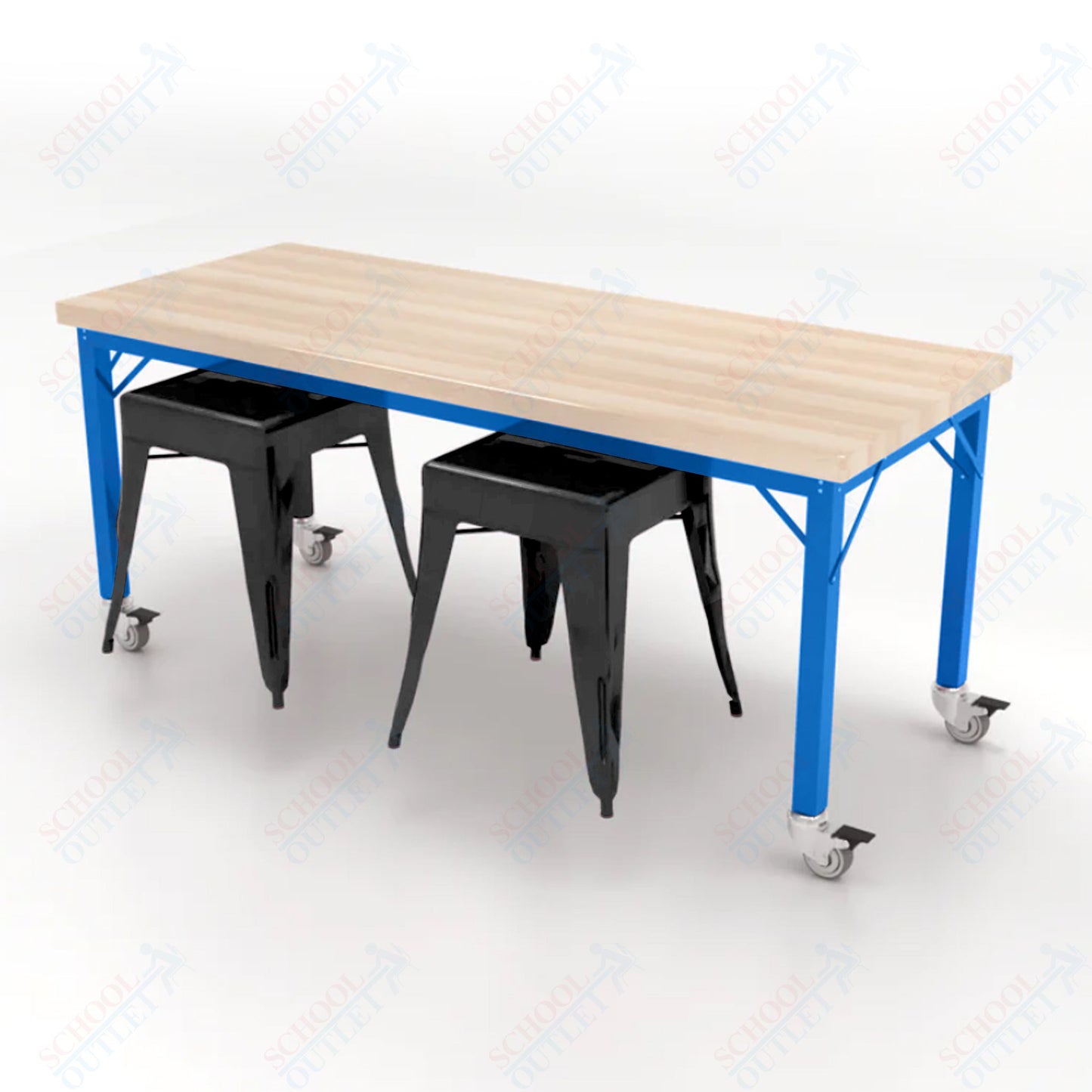 CEF Brainstorm Workbench 26"H with Butcher Block Top and Steel Frame, 2 Magnetic Metal Stools Included, for Kindergarten - 2nd Grade - SchoolOutlet