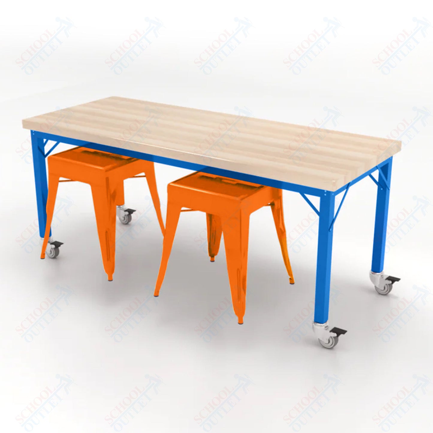 CEF Brainstorm Workbench 26"H with Butcher Block Top and Steel Frame, 2 Magnetic Metal Stools Included, for Kindergarten - 2nd Grade - SchoolOutlet