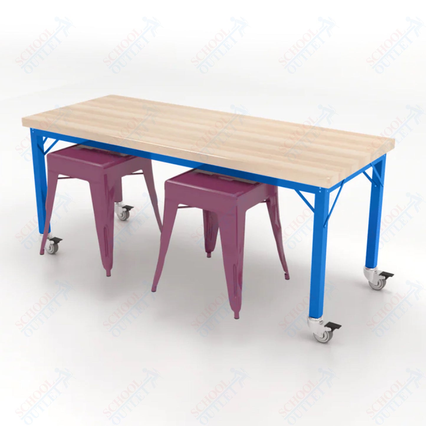CEF Brainstorm Workbench 26"H with Butcher Block Top and Steel Frame, 2 Magnetic Metal Stools Included, for Kindergarten - 2nd Grade - SchoolOutlet