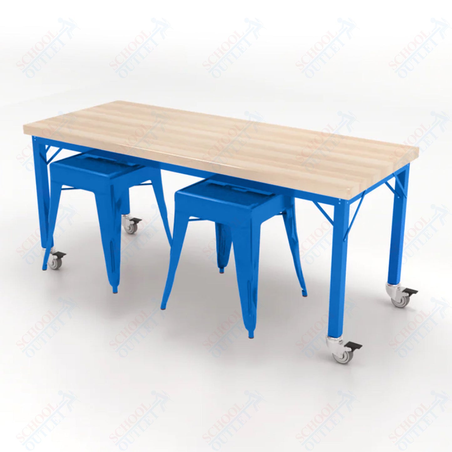 CEF Brainstorm Workbench 26"H with Butcher Block Top and Steel Frame, 2 Magnetic Metal Stools Included, for Kindergarten - 2nd Grade - SchoolOutlet