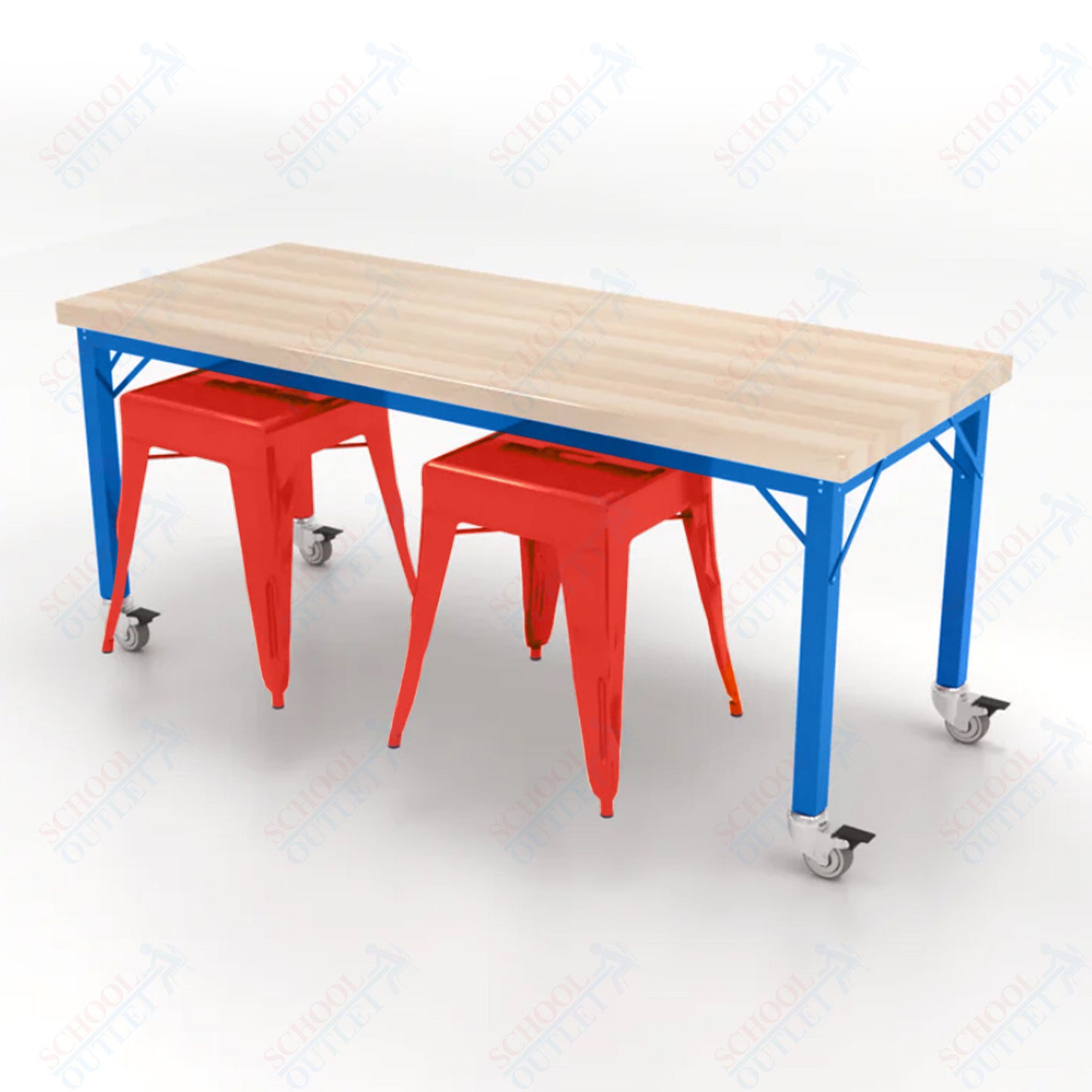 CEF Brainstorm Workbench 26"H with Butcher Block Top and Steel Frame, 2 Magnetic Metal Stools Included, for Kindergarten - 2nd Grade - SchoolOutlet