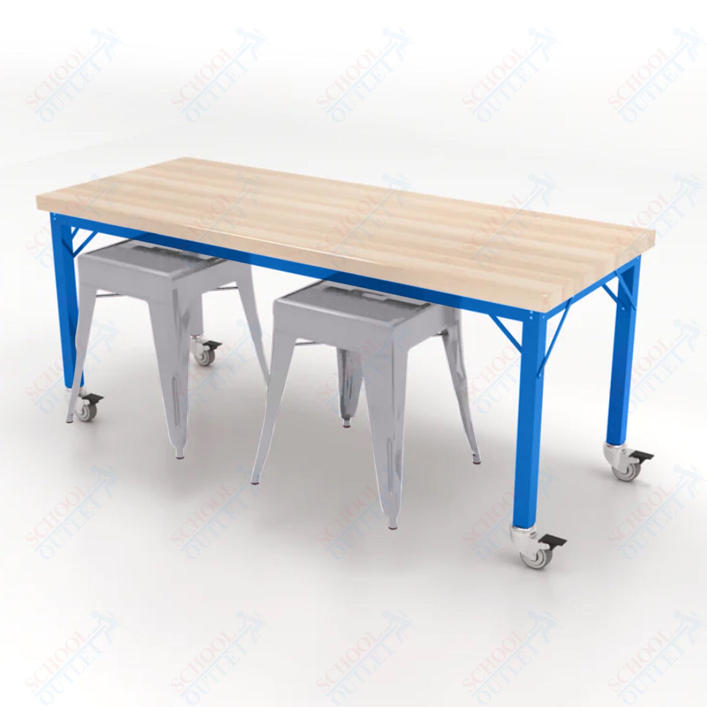 CEF Brainstorm Workbench 26"H with Butcher Block Top and Steel Frame, 2 Magnetic Metal Stools Included, for Kindergarten - 2nd Grade - SchoolOutlet