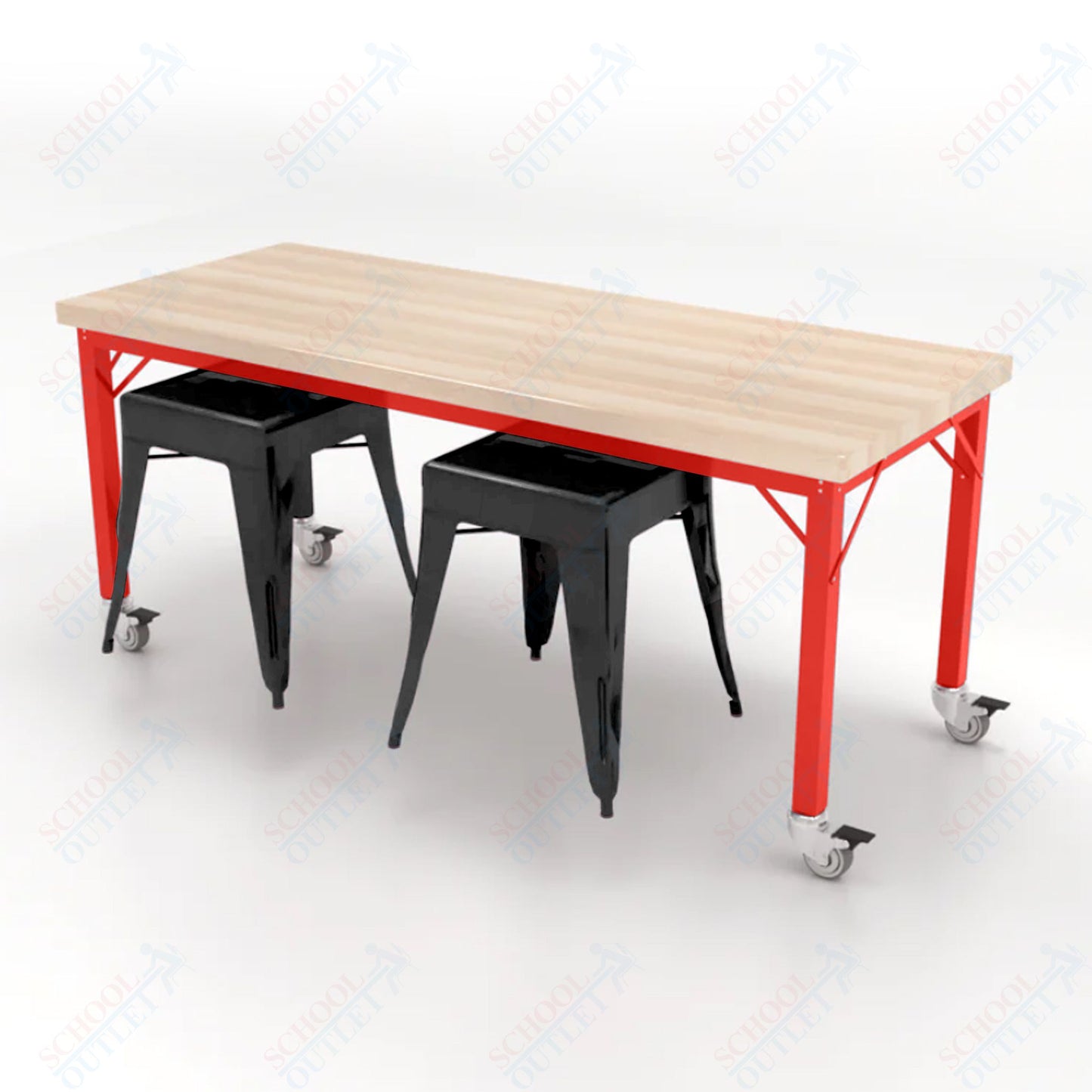 CEF Brainstorm Workbench 26"H with Butcher Block Top and Steel Frame, 2 Magnetic Metal Stools Included, for Kindergarten - 2nd Grade - SchoolOutlet