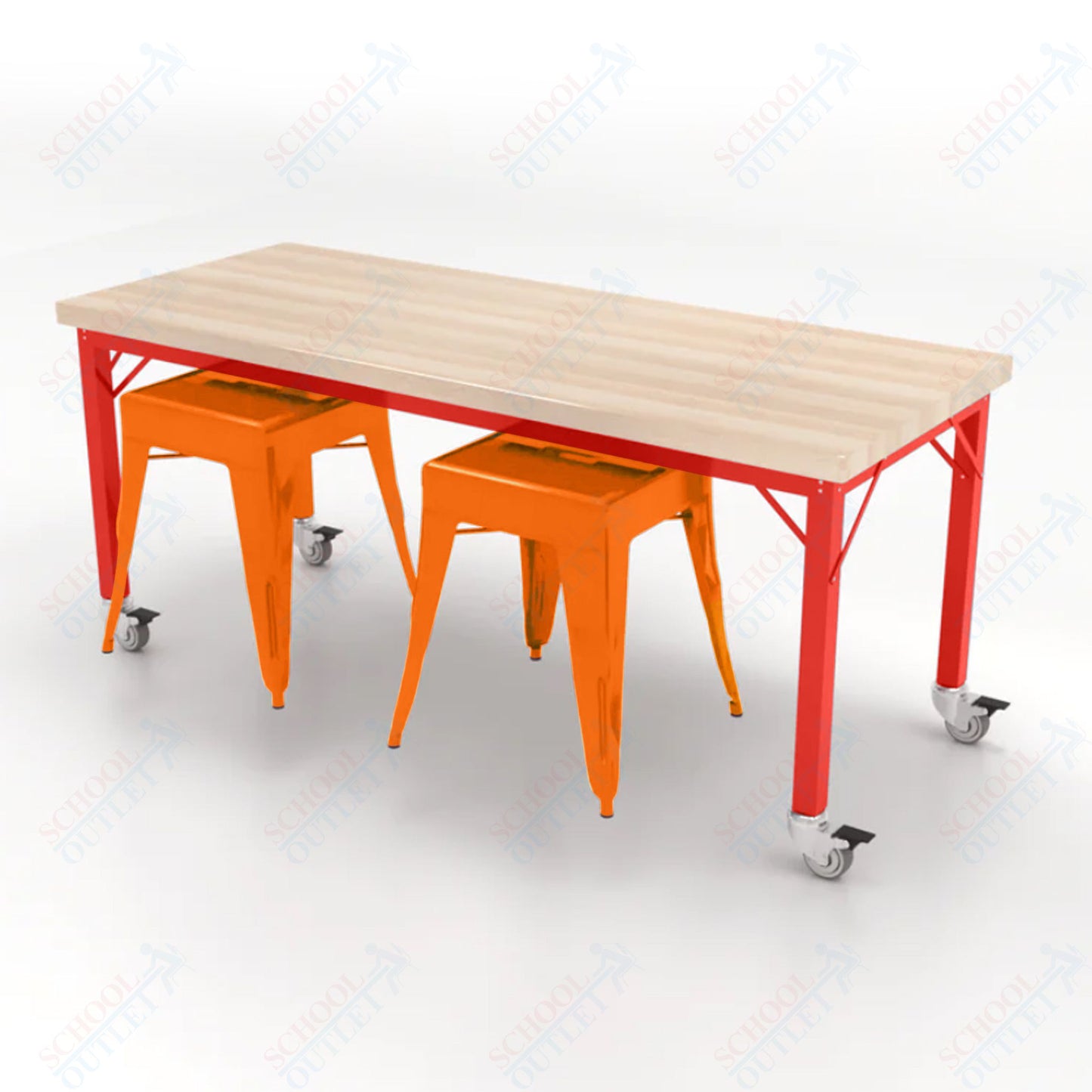 CEF Brainstorm Workbench 26"H with Butcher Block Top and Steel Frame, 2 Magnetic Metal Stools Included, for Kindergarten - 2nd Grade - SchoolOutlet