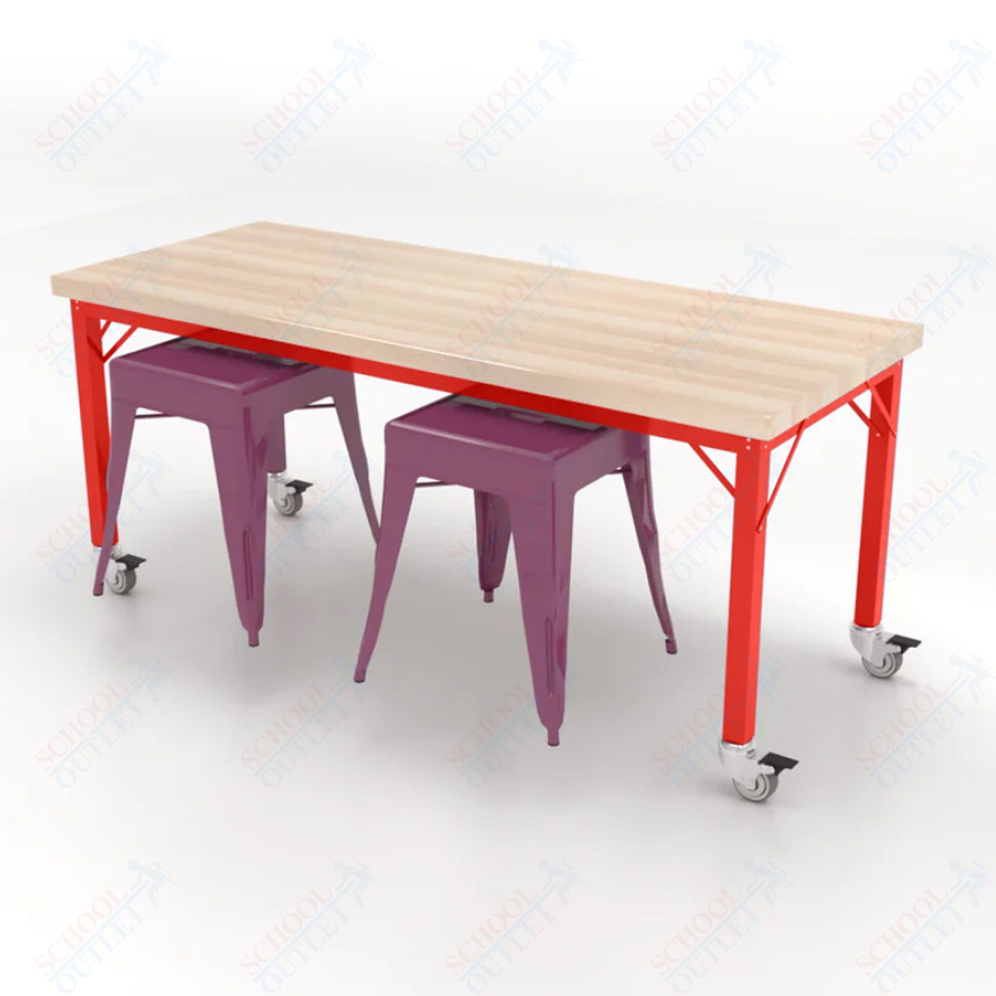 CEF Brainstorm Workbench 26"H with Butcher Block Top and Steel Frame, 2 Magnetic Metal Stools Included, for Kindergarten - 2nd Grade - SchoolOutlet