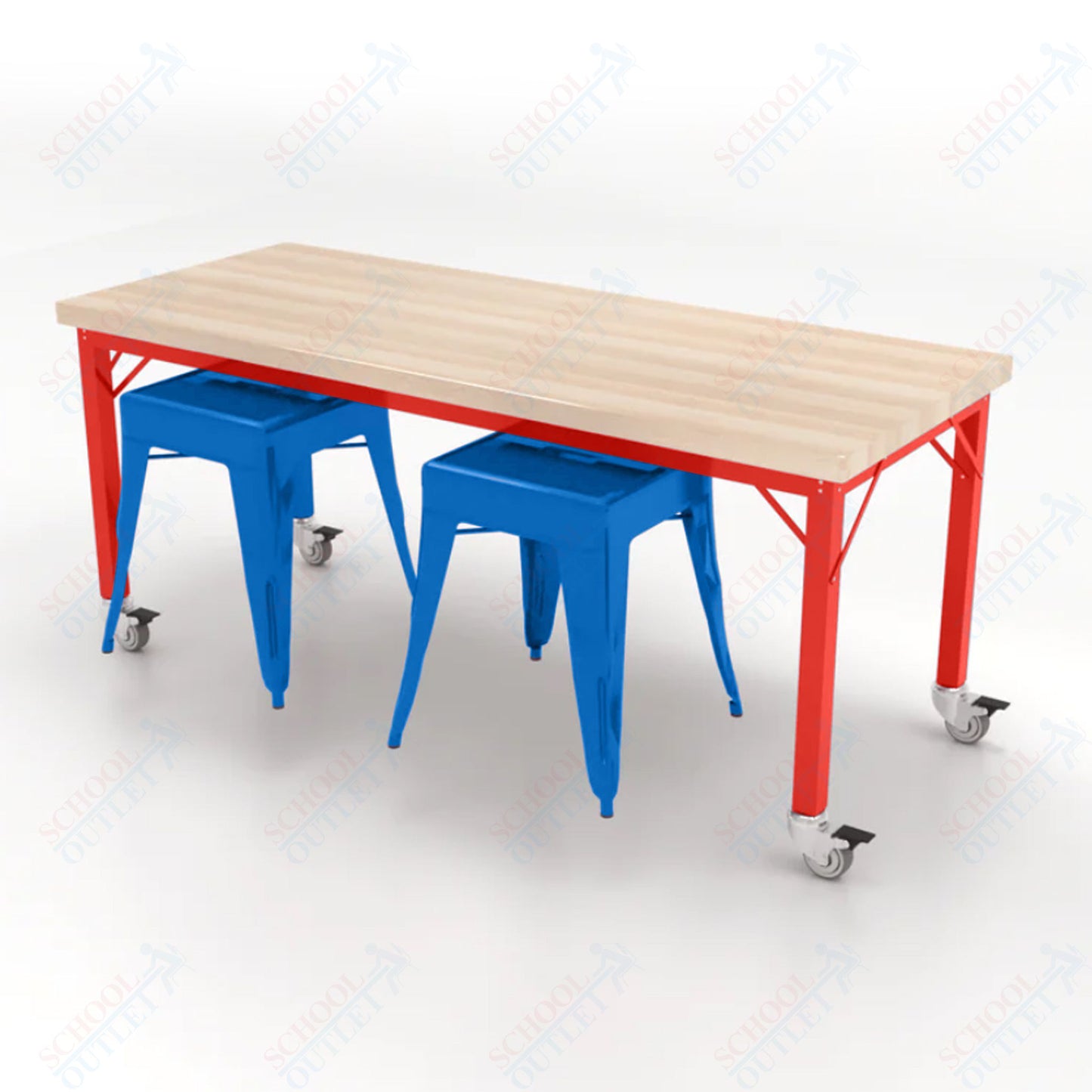 CEF Brainstorm Workbench 26"H with Butcher Block Top and Steel Frame, 2 Magnetic Metal Stools Included, for Kindergarten - 2nd Grade - SchoolOutlet