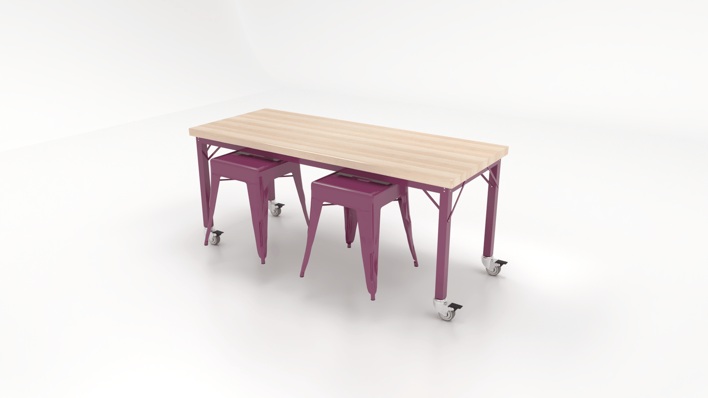 CEF Brainstorm Workbench 26"H with Butcher Block Top and Steel Frame, 2 Magnetic Metal Stools Included, for Kindergarten - 2nd Grade - SchoolOutlet