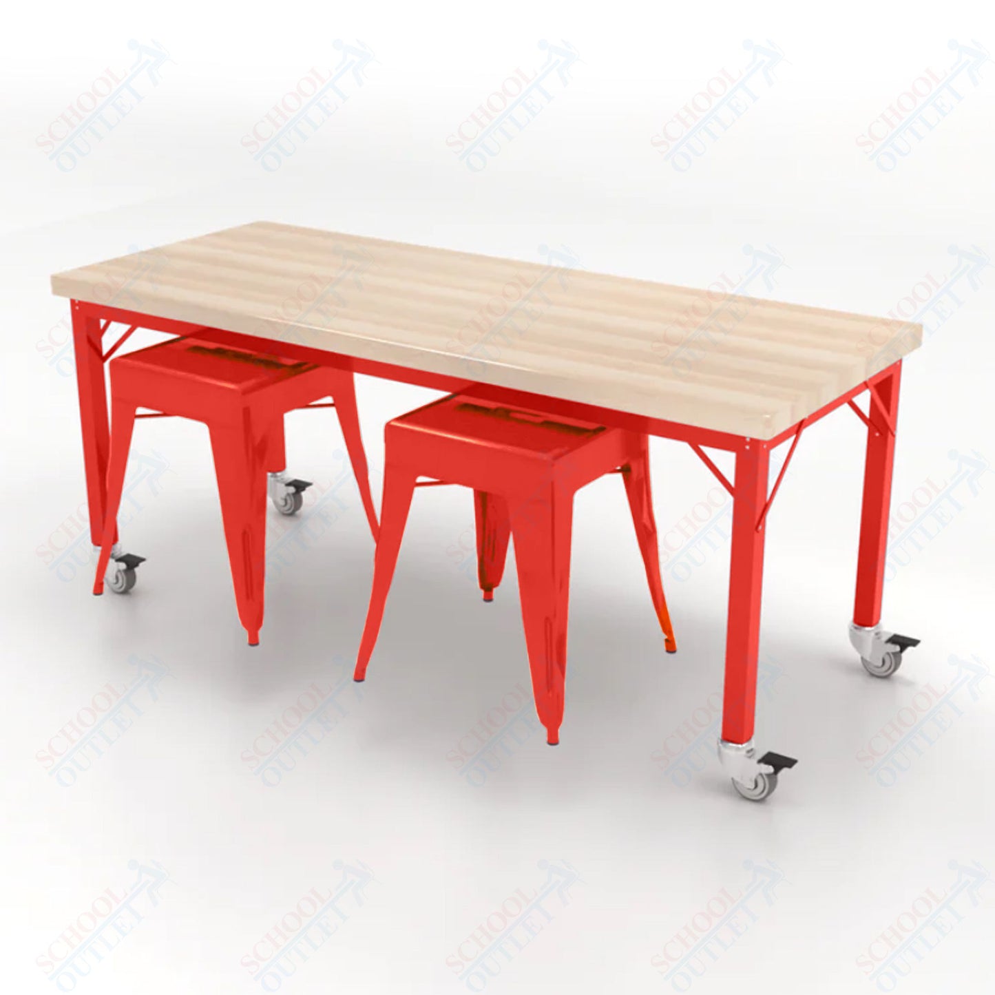 CEF Brainstorm Workbench 26"H with Butcher Block Top and Steel Frame, 2 Magnetic Metal Stools Included, for Kindergarten - 2nd Grade - SchoolOutlet