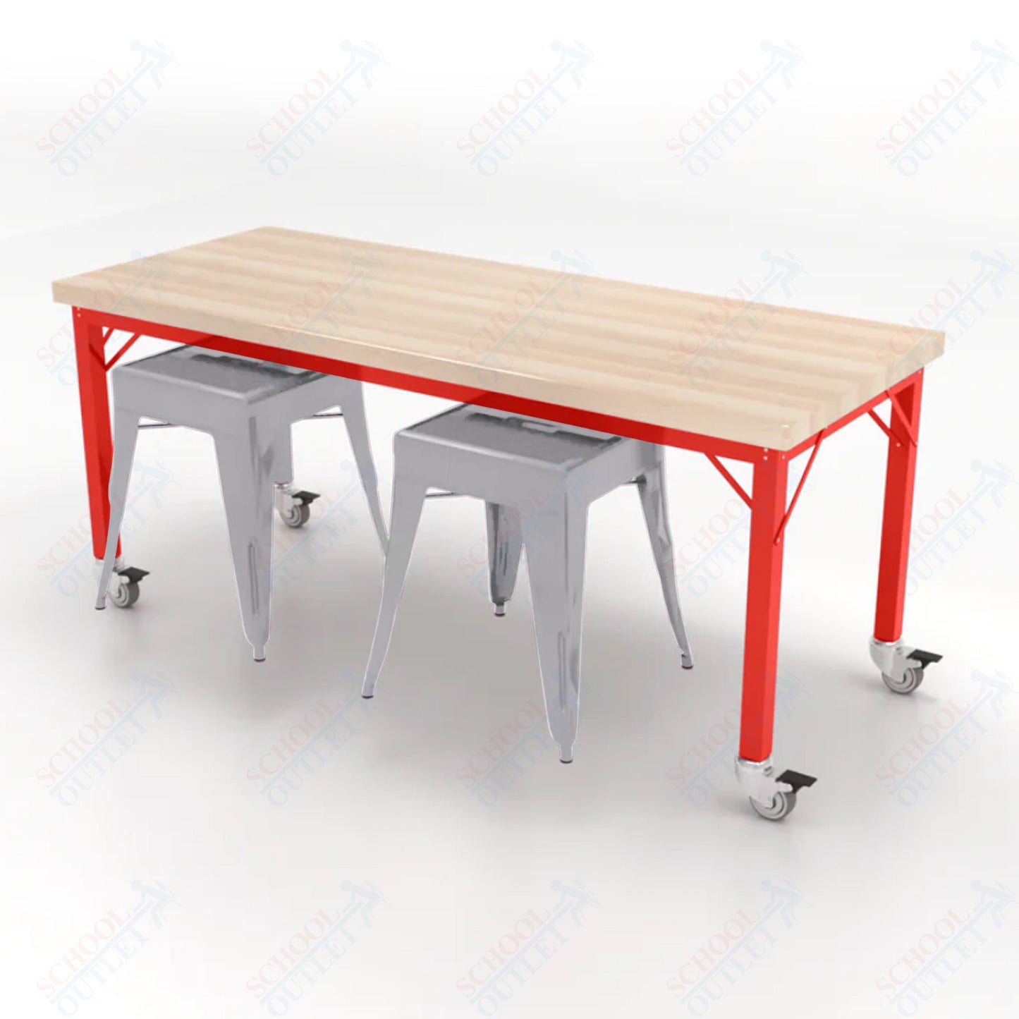 CEF Brainstorm Workbench 26"H with Butcher Block Top and Steel Frame, 2 Magnetic Metal Stools Included, for Kindergarten - 2nd Grade - SchoolOutlet