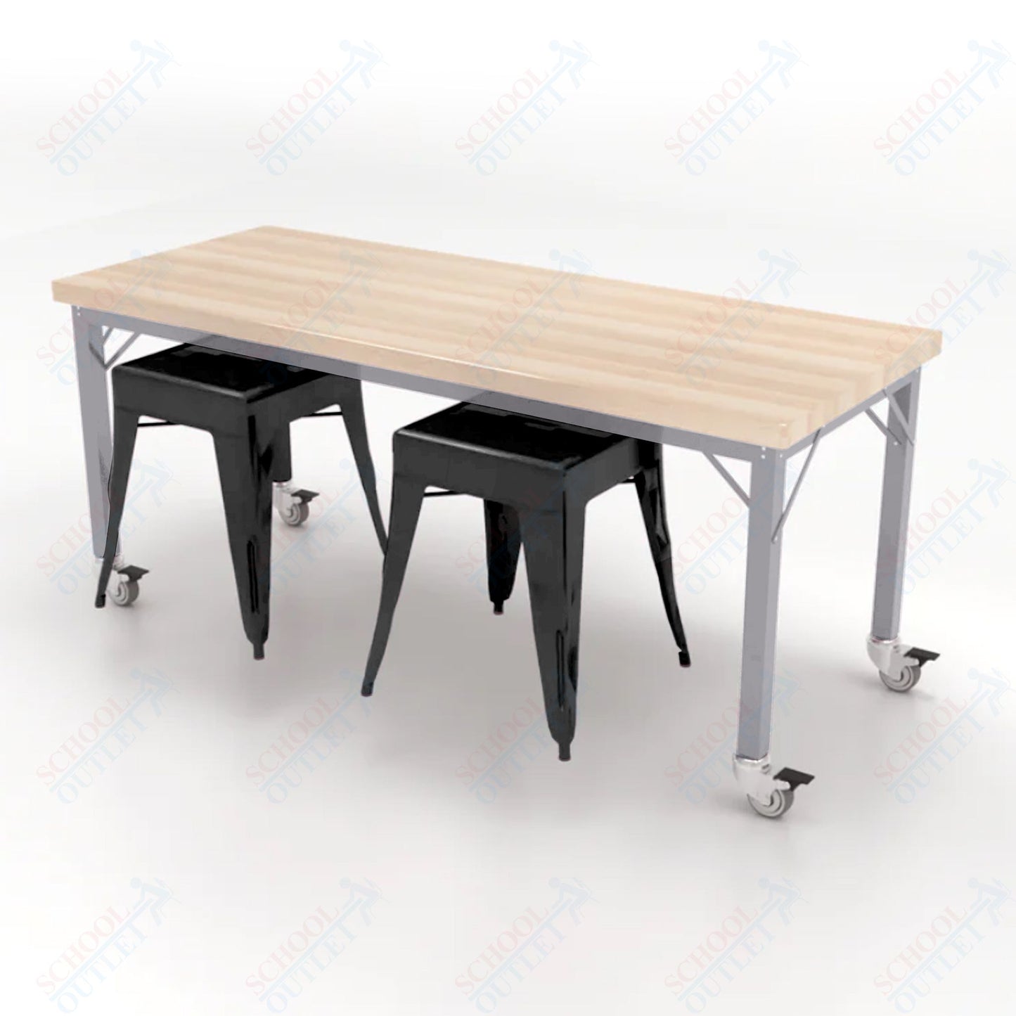 CEF Brainstorm Workbench 26"H with Butcher Block Top and Steel Frame, 2 Magnetic Metal Stools Included, for Kindergarten - 2nd Grade - SchoolOutlet