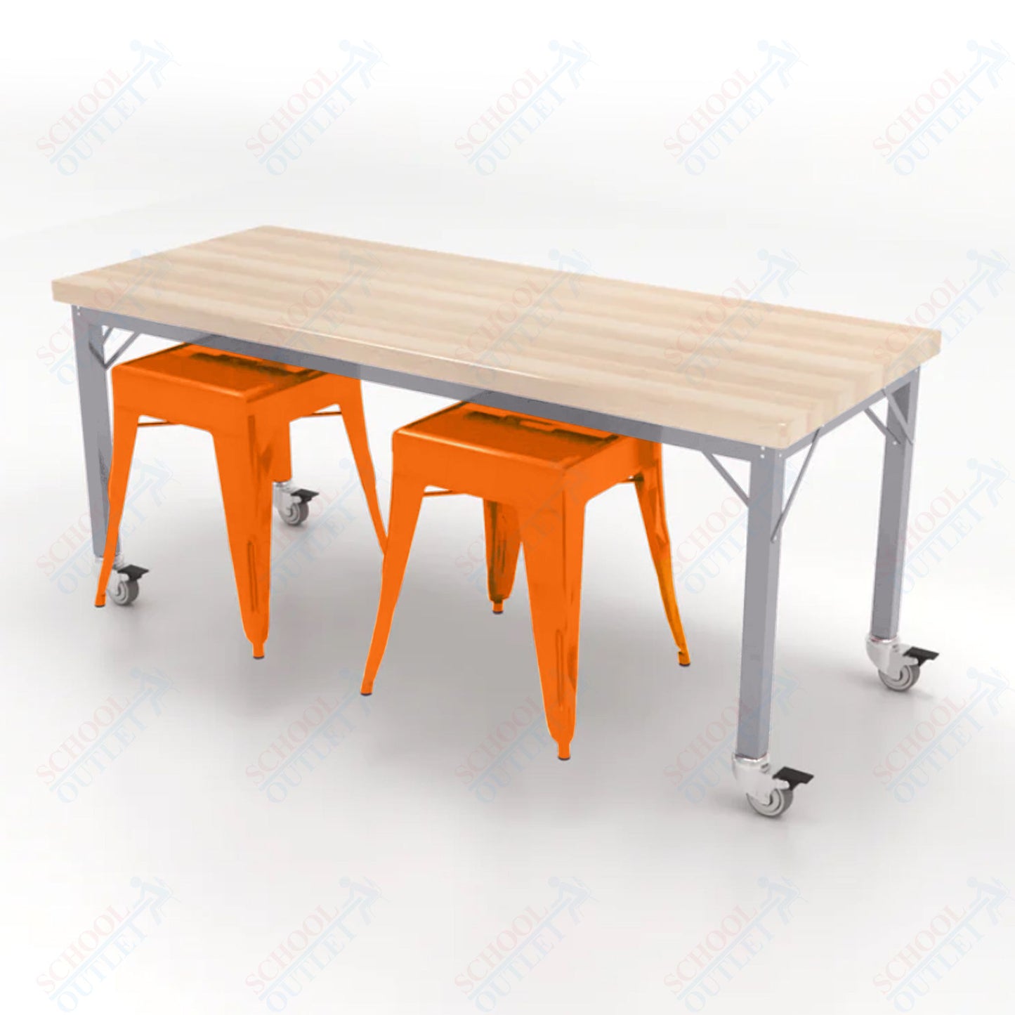 CEF Brainstorm Workbench 26"H with Butcher Block Top and Steel Frame, 2 Magnetic Metal Stools Included, for Kindergarten - 2nd Grade - SchoolOutlet