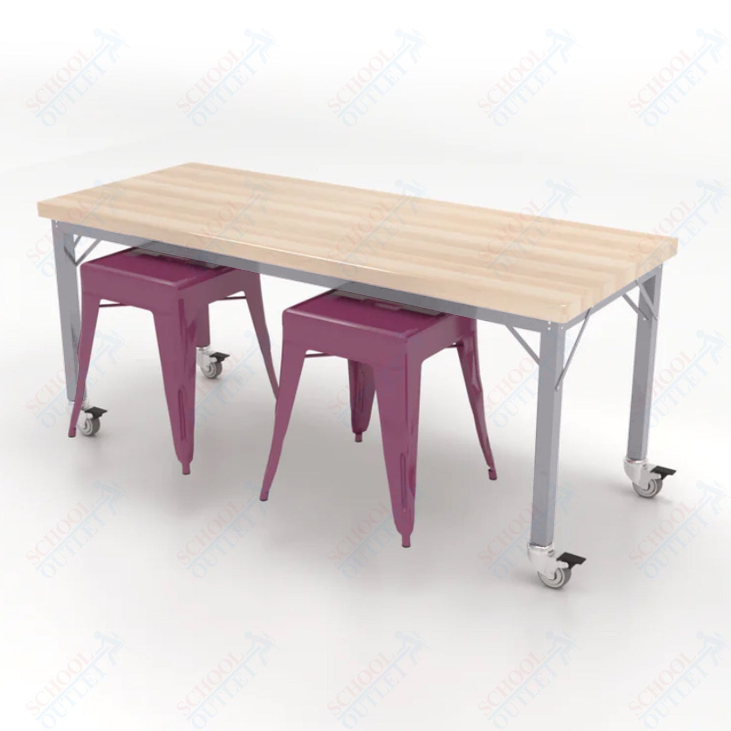 CEF Brainstorm Workbench 26"H with Butcher Block Top and Steel Frame, 2 Magnetic Metal Stools Included, for Kindergarten - 2nd Grade - SchoolOutlet