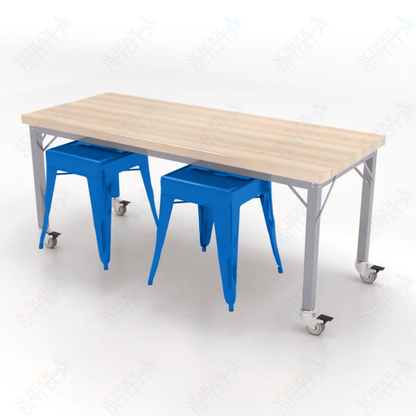 CEF Brainstorm Workbench 26"H with Butcher Block Top and Steel Frame, 2 Magnetic Metal Stools Included, for Kindergarten - 2nd Grade - SchoolOutlet
