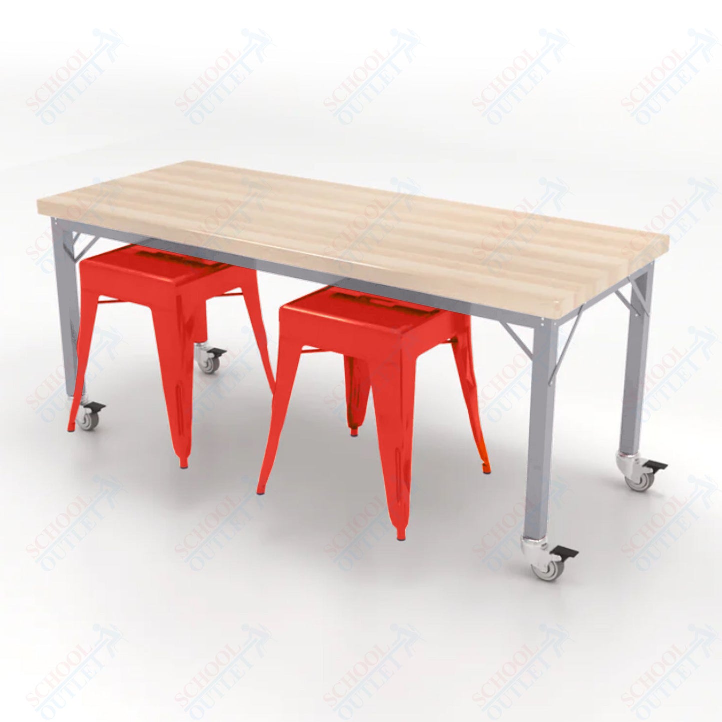 CEF Brainstorm Workbench 26"H with Butcher Block Top and Steel Frame, 2 Magnetic Metal Stools Included, for Kindergarten - 2nd Grade - SchoolOutlet