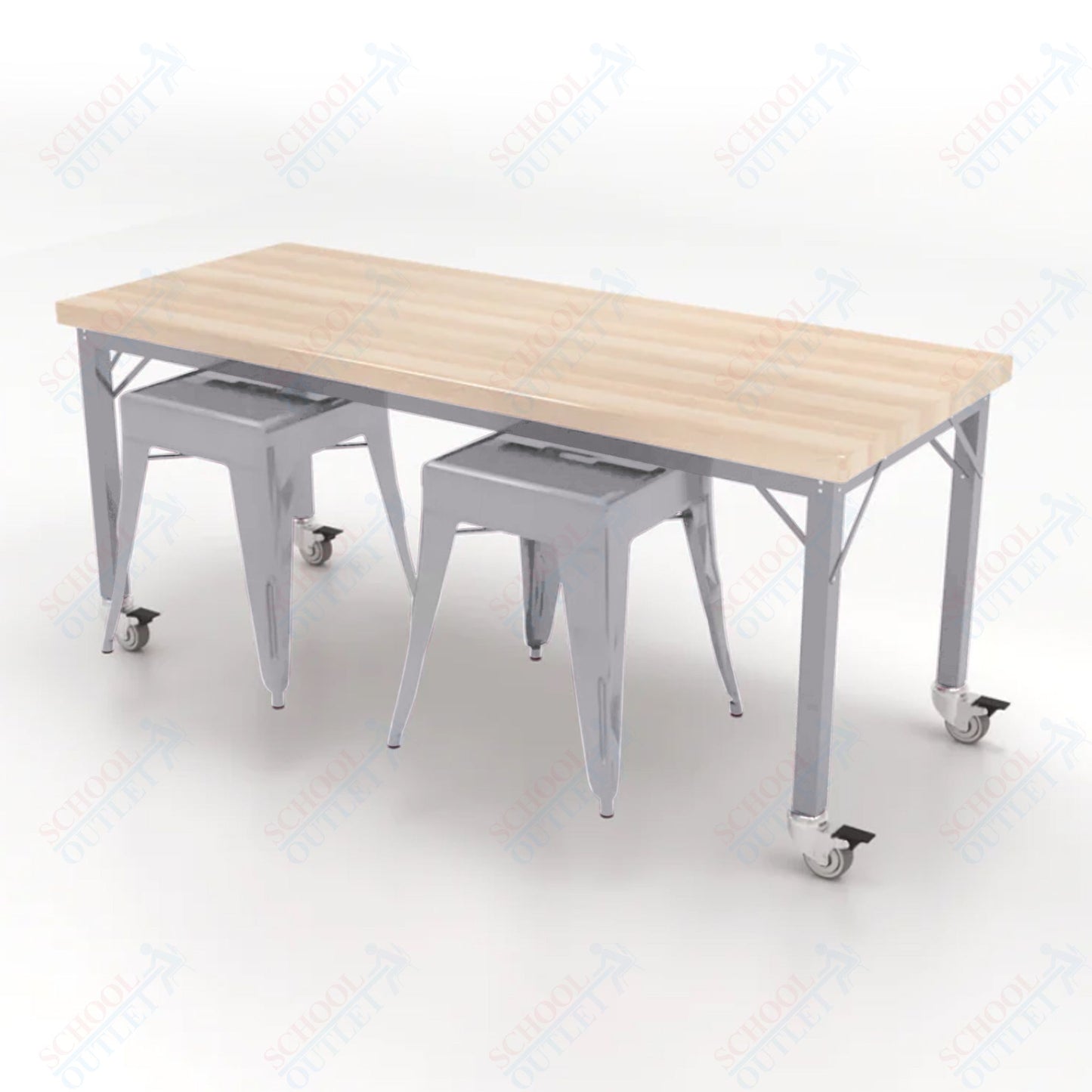 CEF Brainstorm Workbench 26"H with Butcher Block Top and Steel Frame, 2 Magnetic Metal Stools Included, for Kindergarten - 2nd Grade - SchoolOutlet