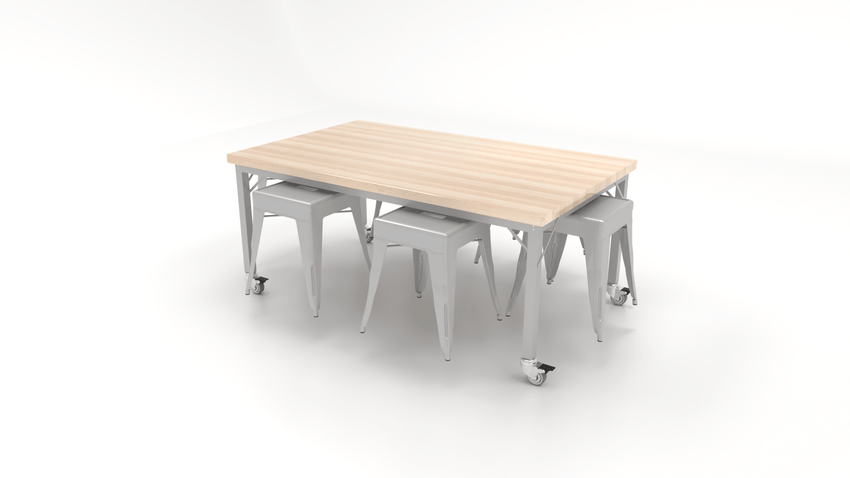 CEF Brainstorm Workbench 26"H with Butcher Block Top and Steel Frame, 6 Magnetic Metal Stools Included, for Kindergarten - 2nd Grade - SchoolOutlet