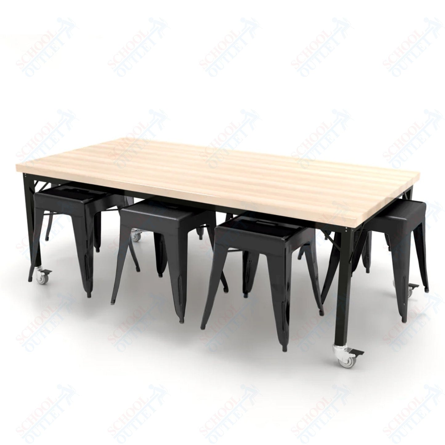 CEF Brainstorm Workbench 26"H with Butcher Block Top and Steel Frame, 8 Magnetic Metal Stools Included, for Kindergarten - 2nd Grade - SchoolOutlet
