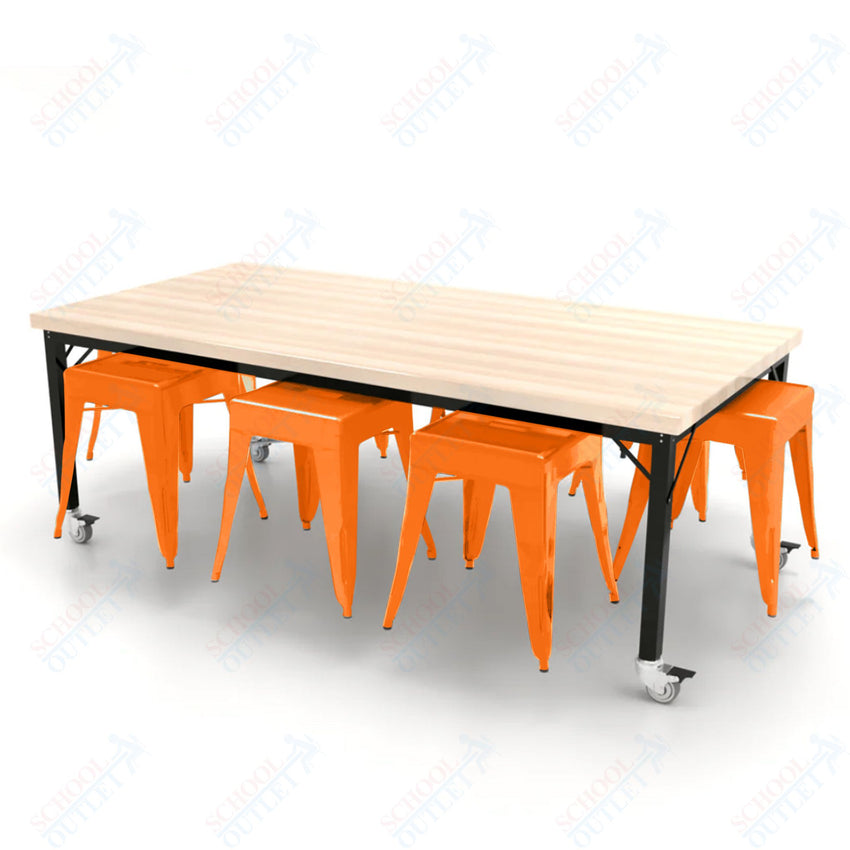 CEF Brainstorm Workbench 26"H with Butcher Block Top and Steel Frame, 8 Magnetic Metal Stools Included, for Kindergarten - 2nd Grade - SchoolOutlet