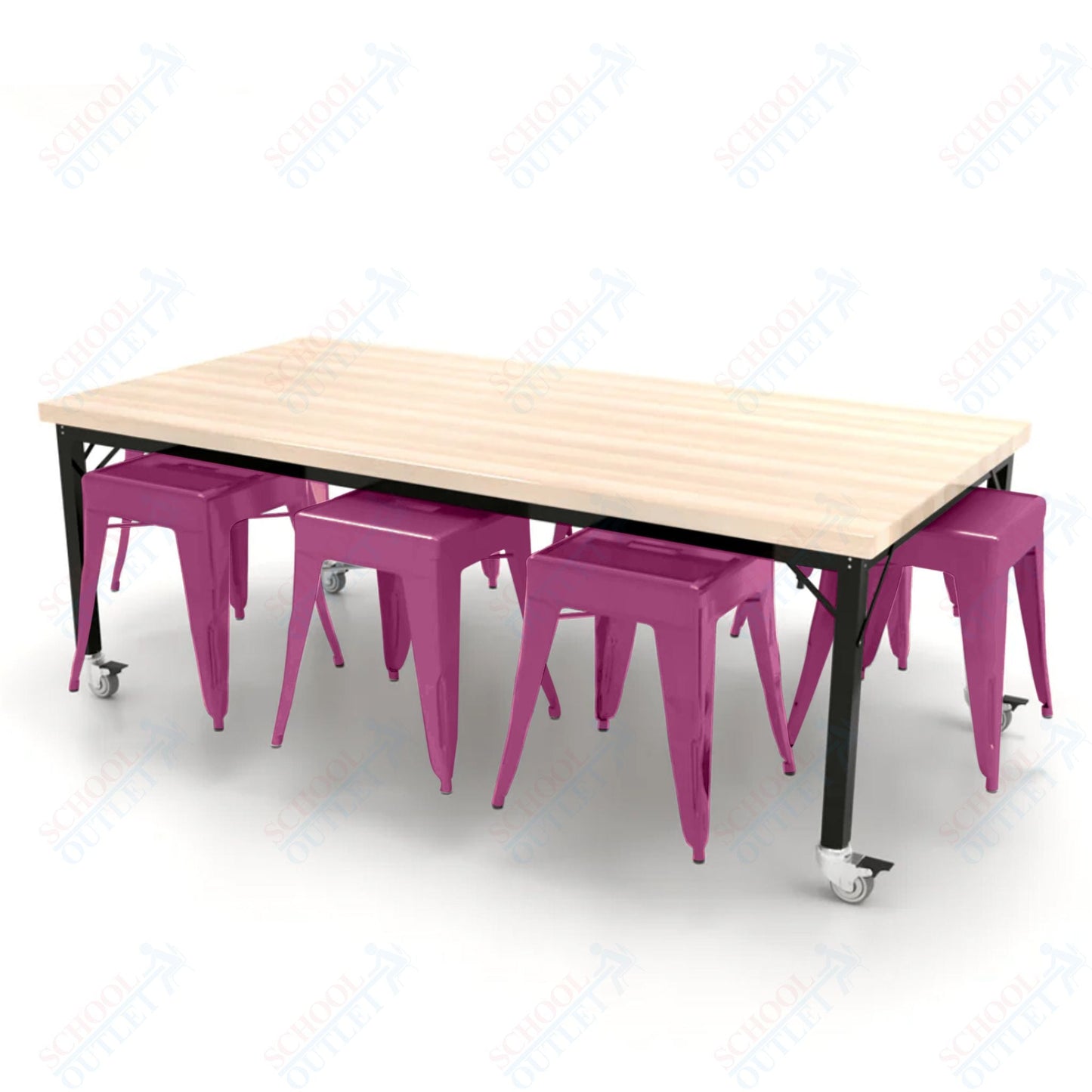 CEF Brainstorm Workbench 26"H with Butcher Block Top and Steel Frame, 8 Magnetic Metal Stools Included, for Kindergarten - 2nd Grade - SchoolOutlet