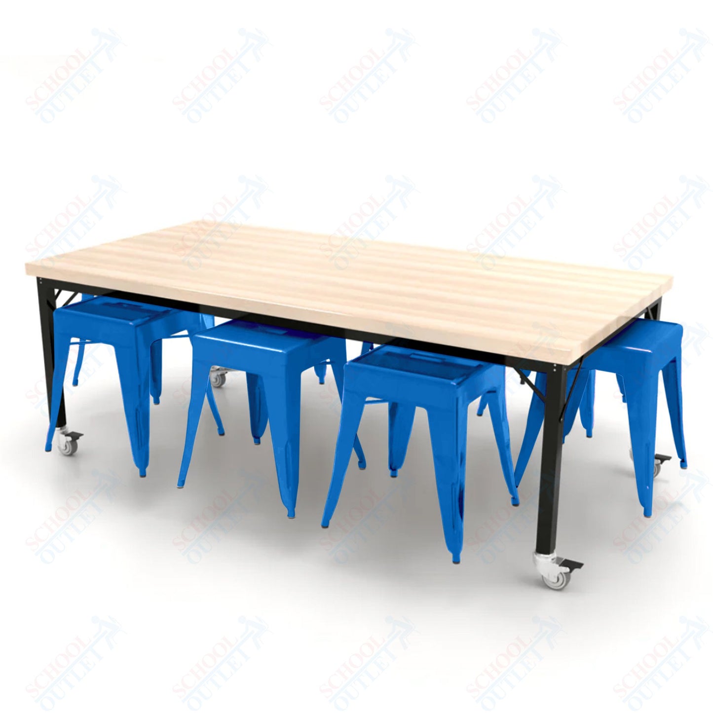 CEF Brainstorm Workbench 26"H with Butcher Block Top and Steel Frame, 8 Magnetic Metal Stools Included, for Kindergarten - 2nd Grade - SchoolOutlet
