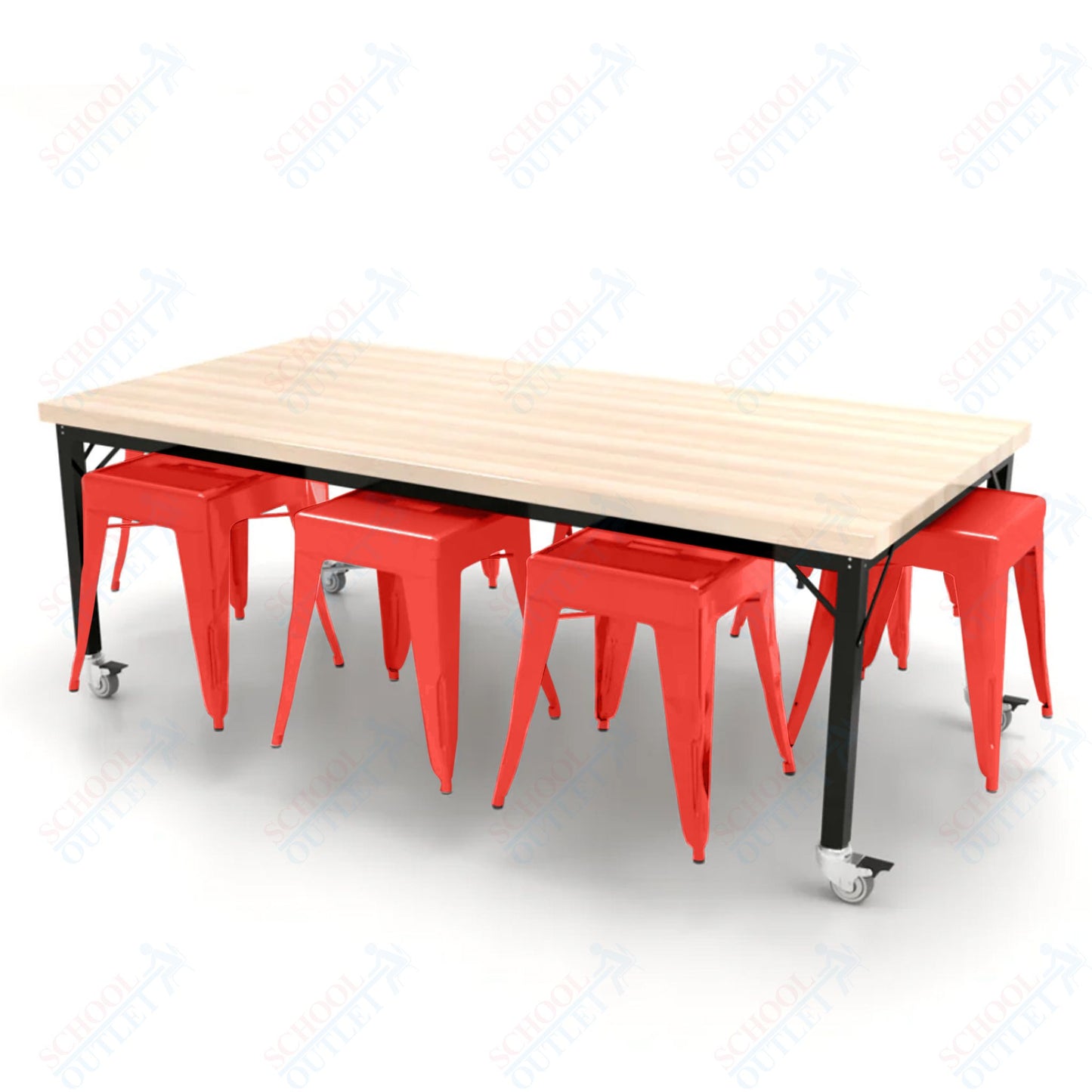 CEF Brainstorm Workbench 26"H with Butcher Block Top and Steel Frame, 8 Magnetic Metal Stools Included, for Kindergarten - 2nd Grade - SchoolOutlet