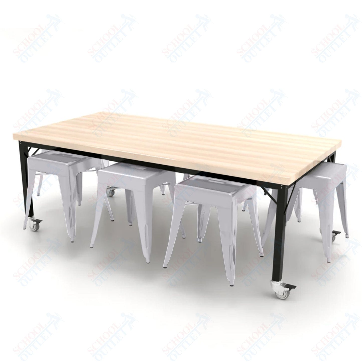 CEF Brainstorm Workbench 26"H with Butcher Block Top and Steel Frame, 8 Magnetic Metal Stools Included, for Kindergarten - 2nd Grade - SchoolOutlet