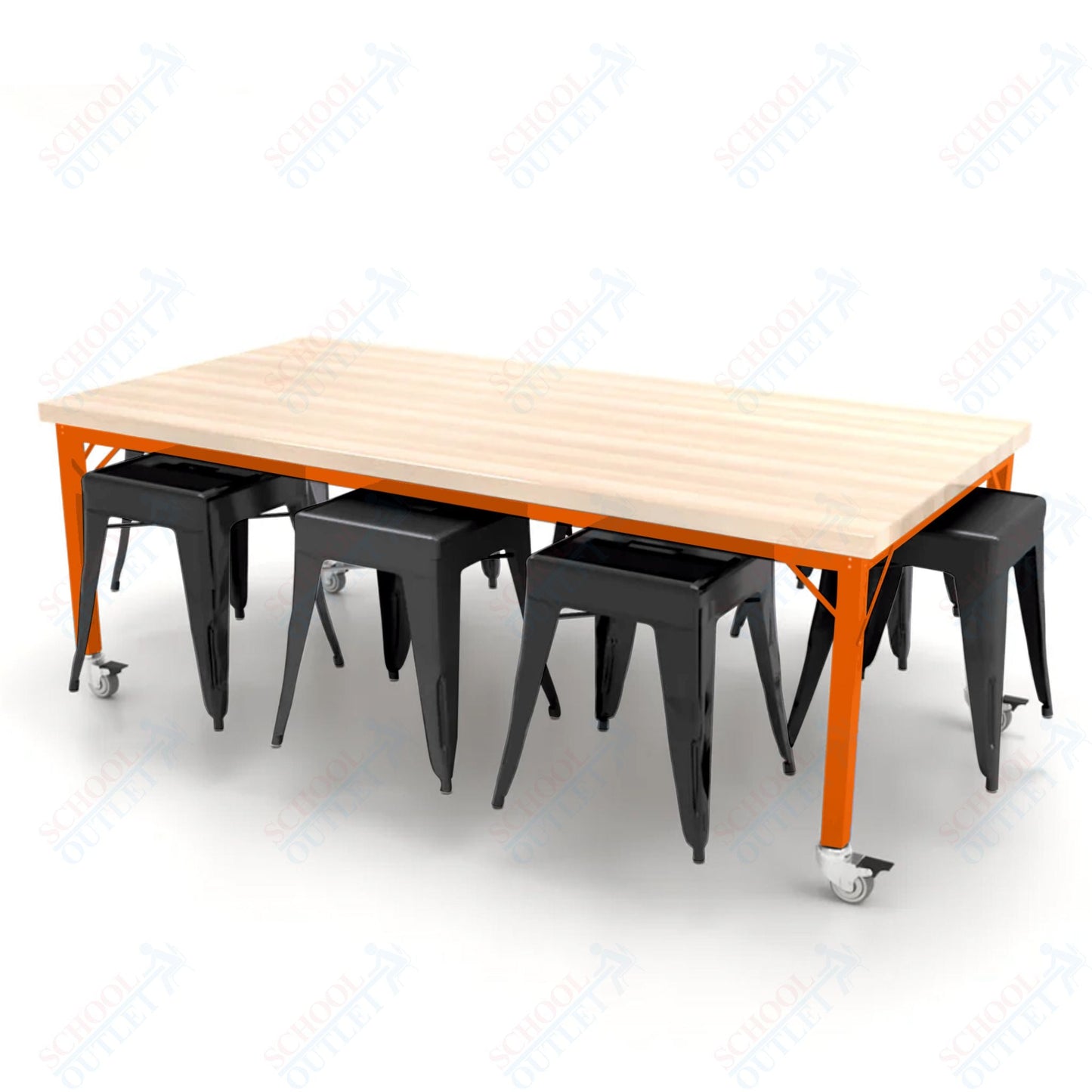 CEF Brainstorm Workbench 26"H with Butcher Block Top and Steel Frame, 8 Magnetic Metal Stools Included, for Kindergarten - 2nd Grade - SchoolOutlet