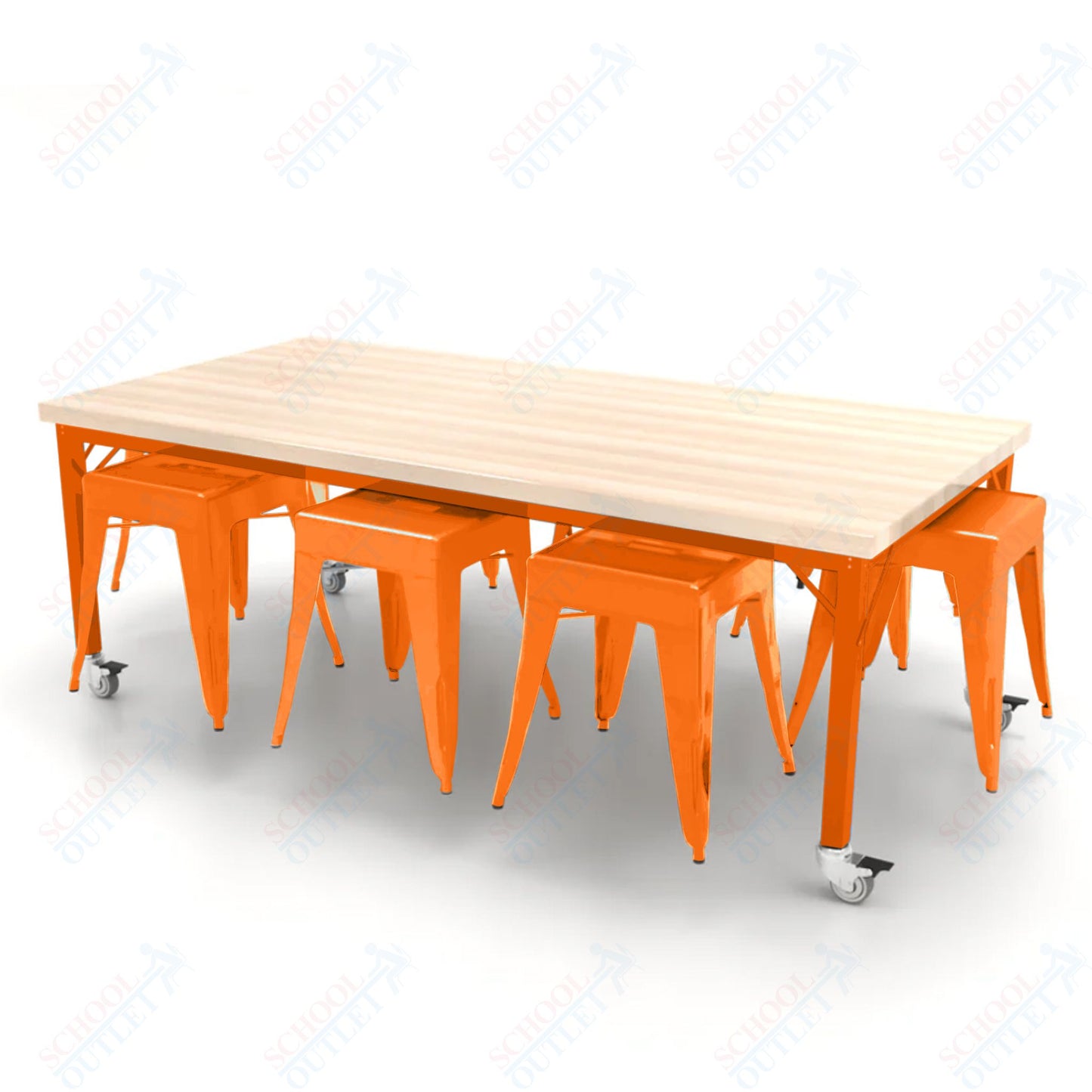 CEF Brainstorm Workbench 26"H with Butcher Block Top and Steel Frame, 8 Magnetic Metal Stools Included, for Kindergarten - 2nd Grade - SchoolOutlet