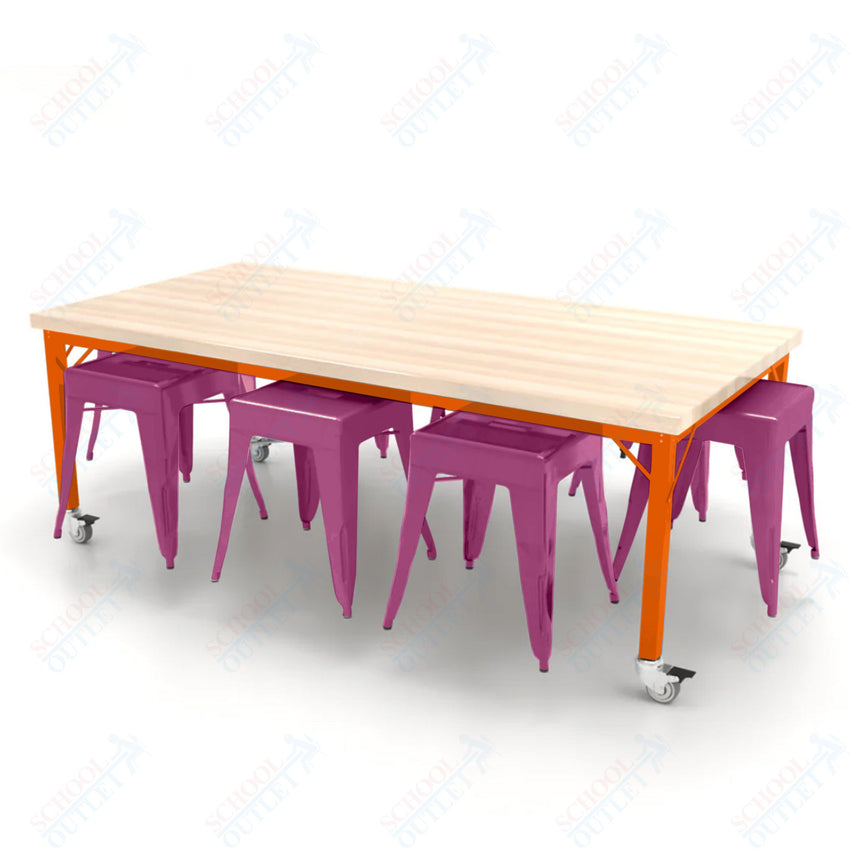CEF Brainstorm Workbench 26"H with Butcher Block Top and Steel Frame, 8 Magnetic Metal Stools Included, for Kindergarten - 2nd Grade - SchoolOutlet