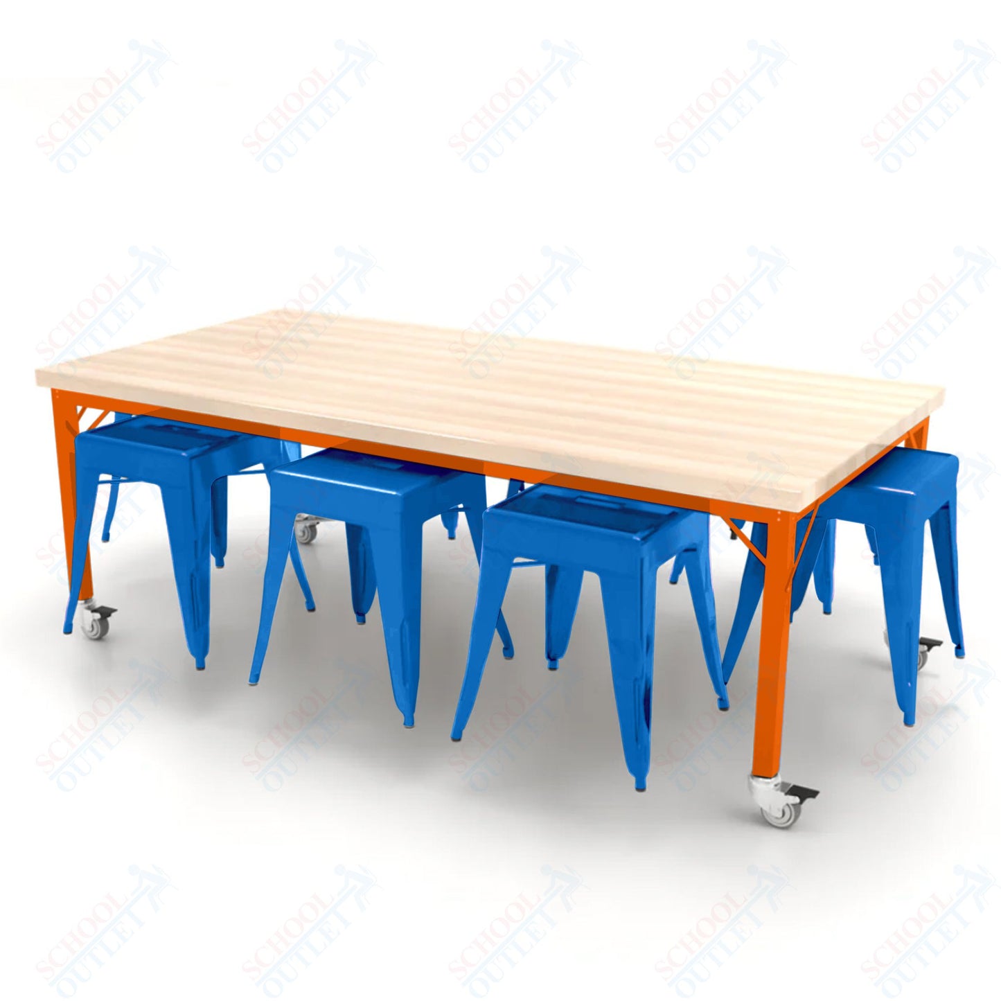 CEF Brainstorm Workbench 26"H with Butcher Block Top and Steel Frame, 8 Magnetic Metal Stools Included, for Kindergarten - 2nd Grade - SchoolOutlet