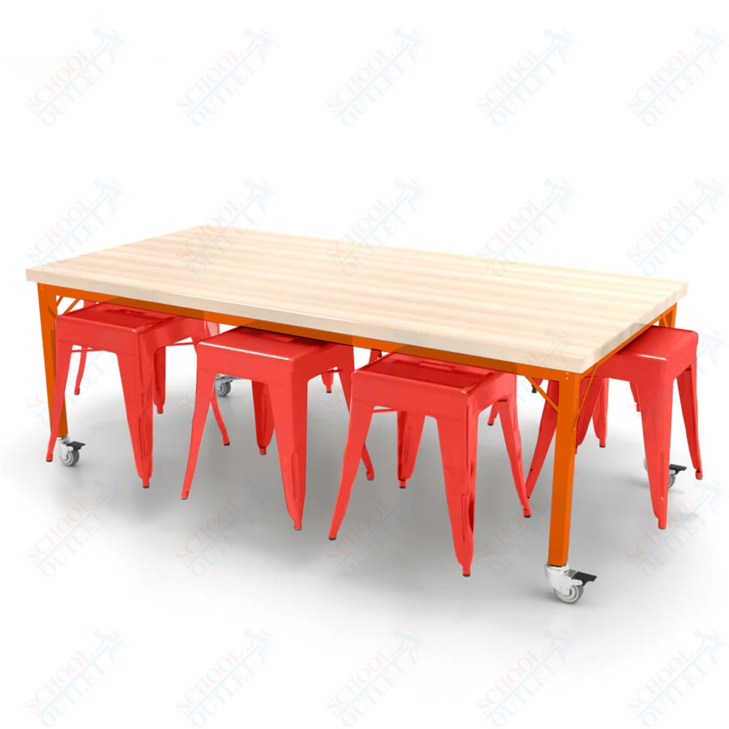 CEF Brainstorm Workbench 26"H with Butcher Block Top and Steel Frame, 8 Magnetic Metal Stools Included, for Kindergarten - 2nd Grade - SchoolOutlet