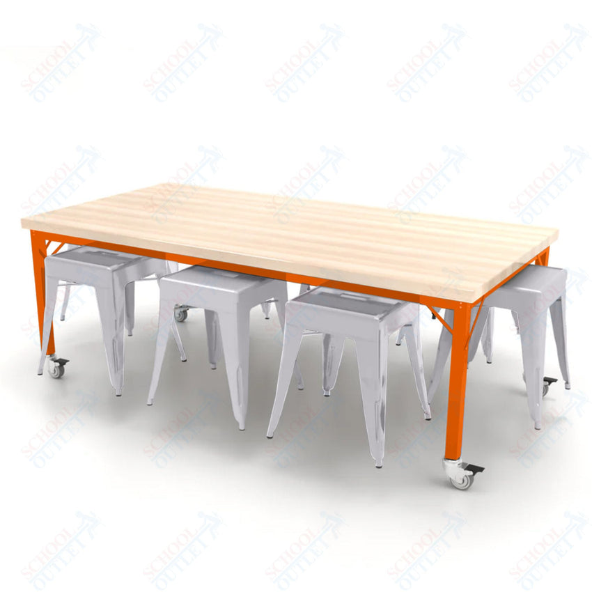 CEF Brainstorm Workbench 26"H with Butcher Block Top and Steel Frame, 8 Magnetic Metal Stools Included, for Kindergarten - 2nd Grade - SchoolOutlet