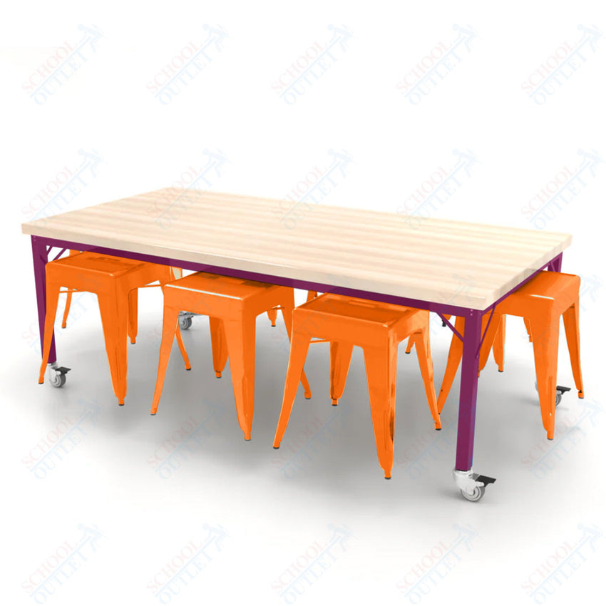 CEF Brainstorm Workbench 26"H with Butcher Block Top and Steel Frame, 8 Magnetic Metal Stools Included, for Kindergarten - 2nd Grade - SchoolOutlet