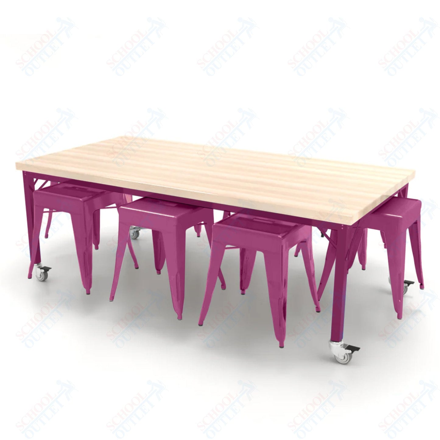 CEF Brainstorm Workbench 26"H with Butcher Block Top and Steel Frame, 8 Magnetic Metal Stools Included, for Kindergarten - 2nd Grade - SchoolOutlet