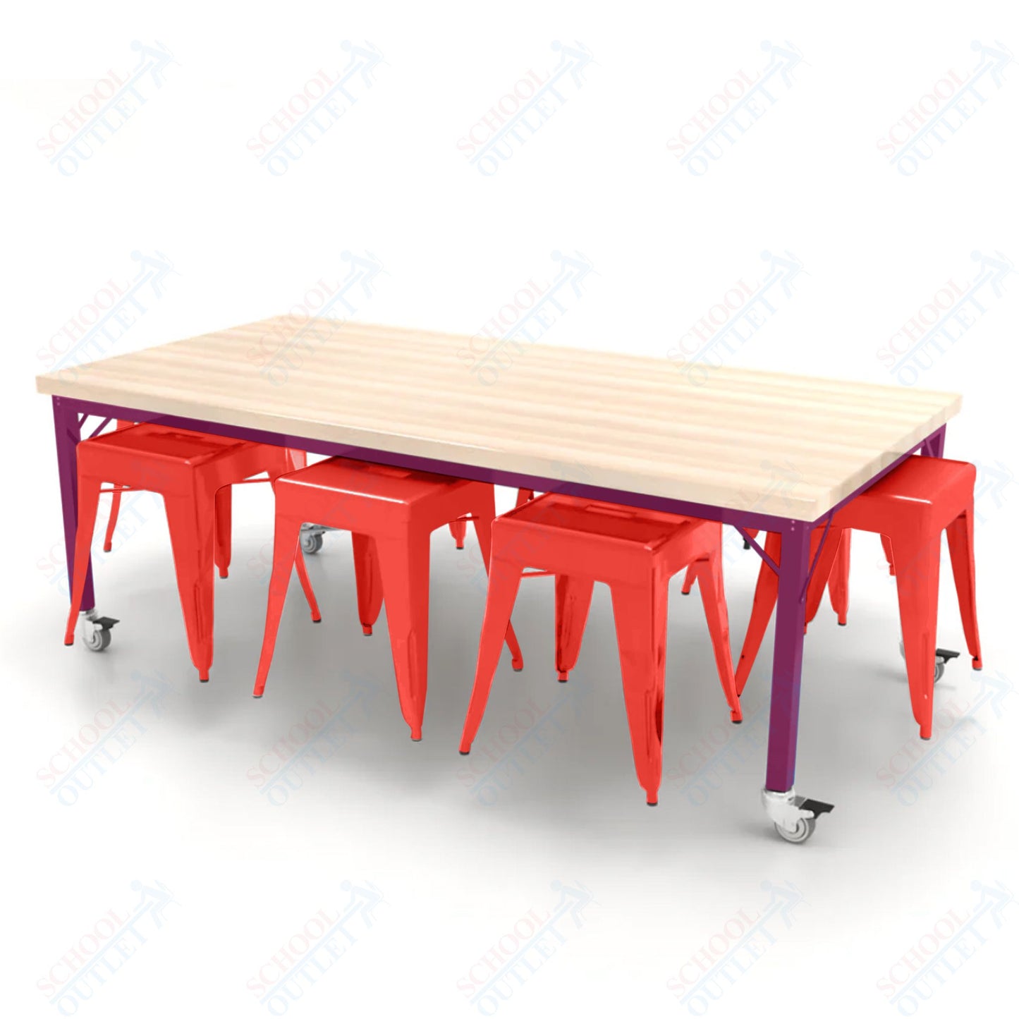 CEF Brainstorm Workbench 26"H with Butcher Block Top and Steel Frame, 8 Magnetic Metal Stools Included, for Kindergarten - 2nd Grade - SchoolOutlet