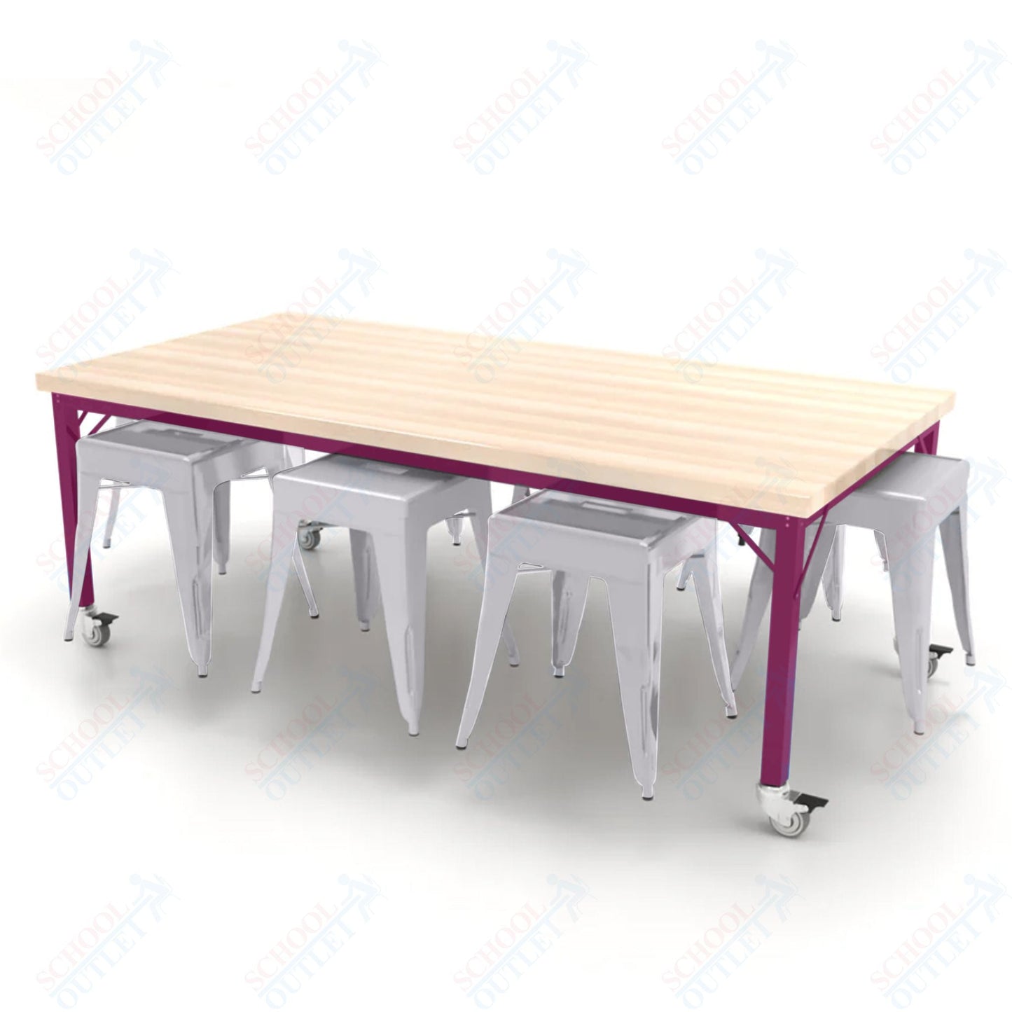 CEF Brainstorm Workbench 26"H with Butcher Block Top and Steel Frame, 8 Magnetic Metal Stools Included, for Kindergarten - 2nd Grade - SchoolOutlet