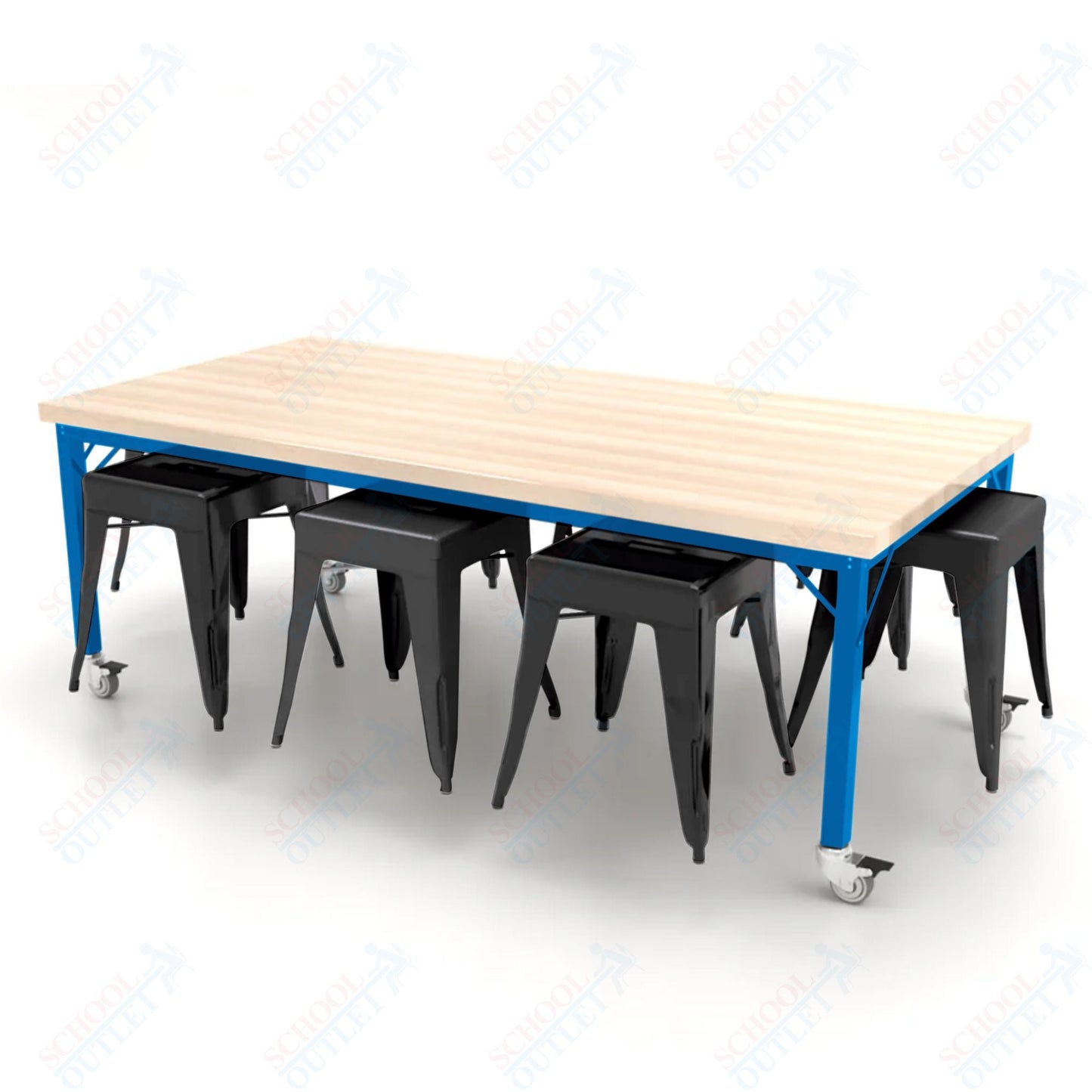 CEF Brainstorm Workbench 26"H with Butcher Block Top and Steel Frame, 8 Magnetic Metal Stools Included, for Kindergarten - 2nd Grade - SchoolOutlet