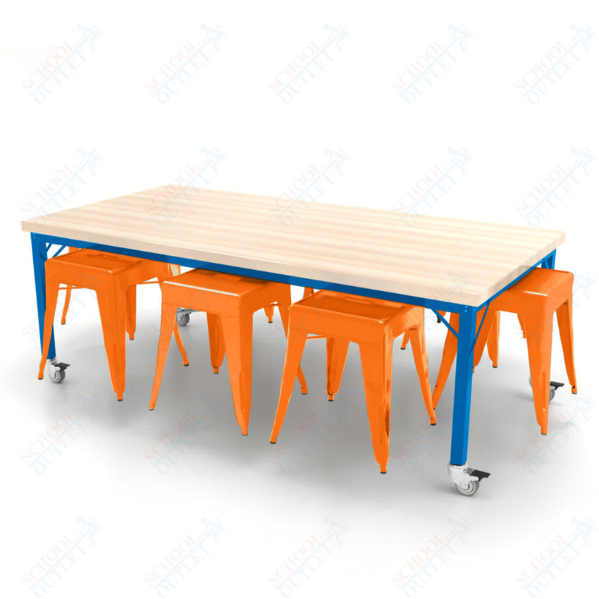 CEF Brainstorm Workbench 26"H with Butcher Block Top and Steel Frame, 8 Magnetic Metal Stools Included, for Kindergarten - 2nd Grade - SchoolOutlet