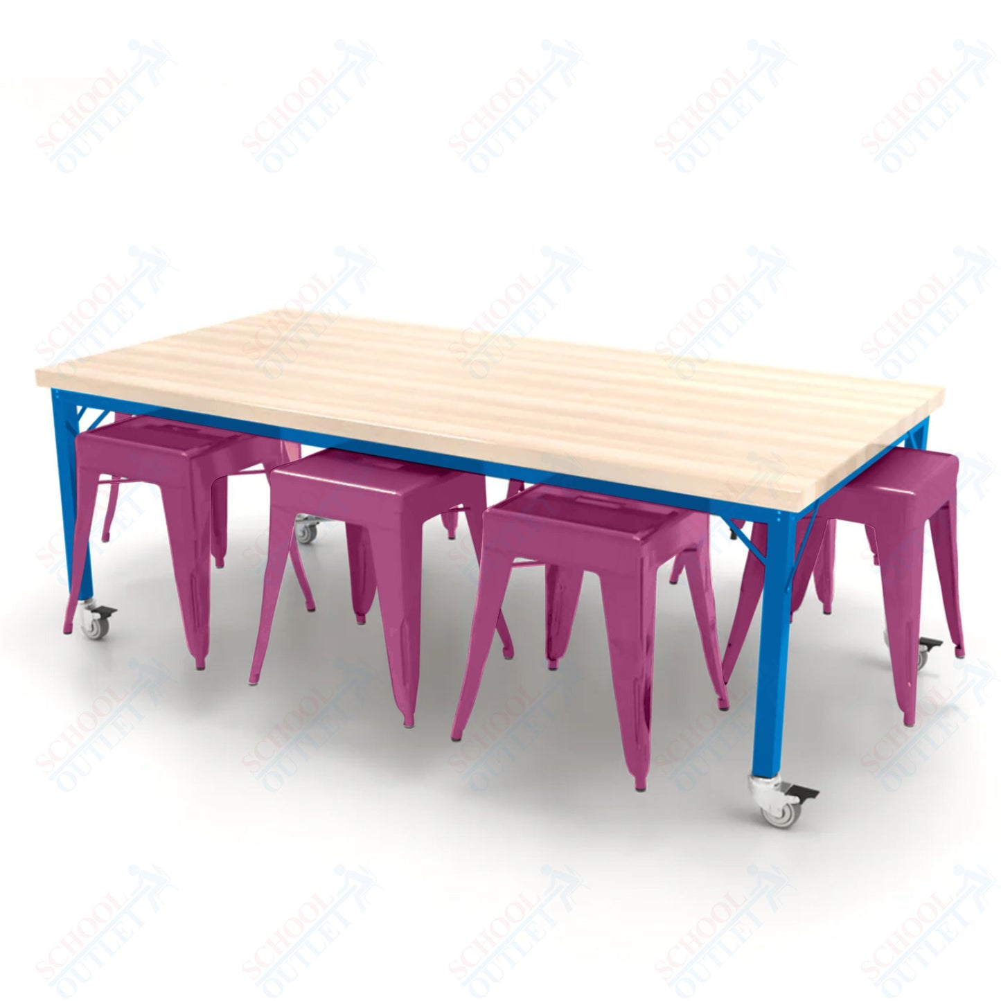CEF Brainstorm Workbench 26"H with Butcher Block Top and Steel Frame, 8 Magnetic Metal Stools Included, for Kindergarten - 2nd Grade - SchoolOutlet